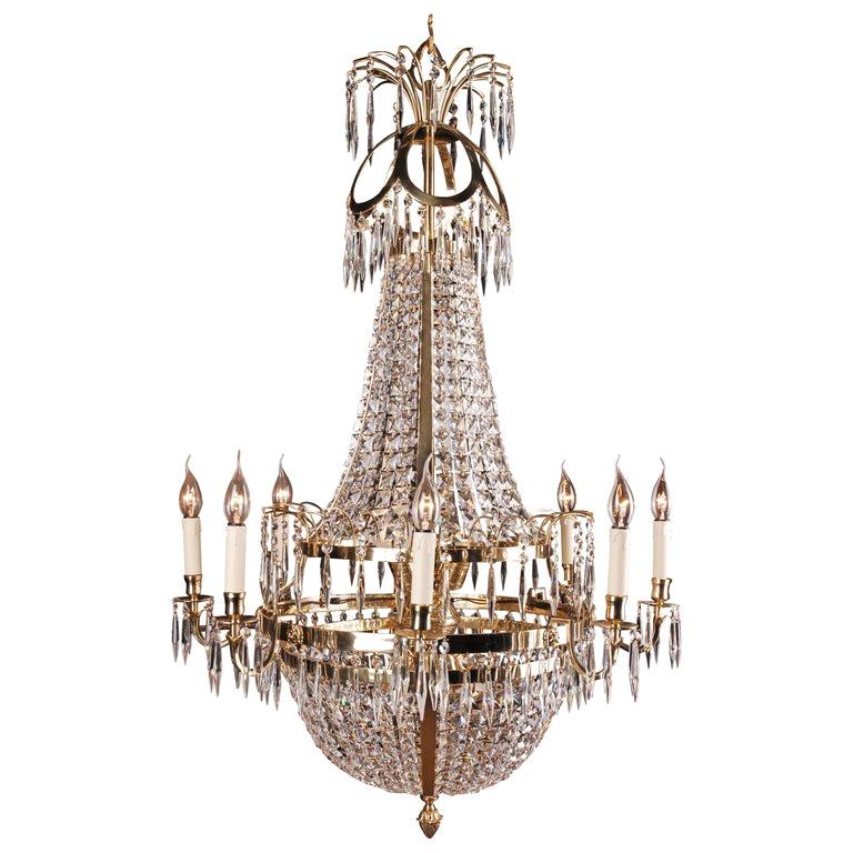 Swedish Empire Ceiling Chandelier in antique Classicist Style brass polished For Sale