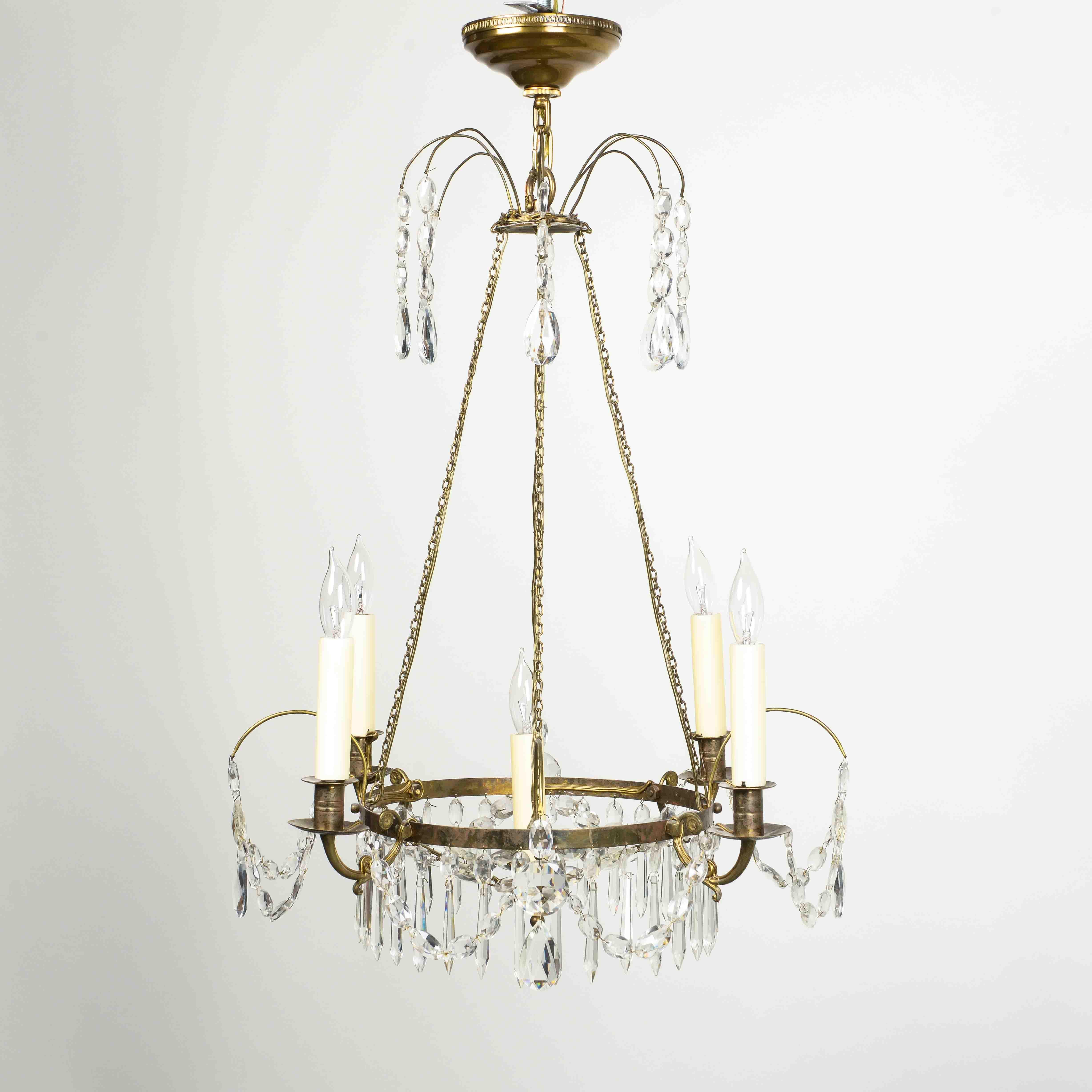 Swedish Empire Cut Crystal and Bronze Five-Light Chandelier In Excellent Condition For Sale In New York, NY