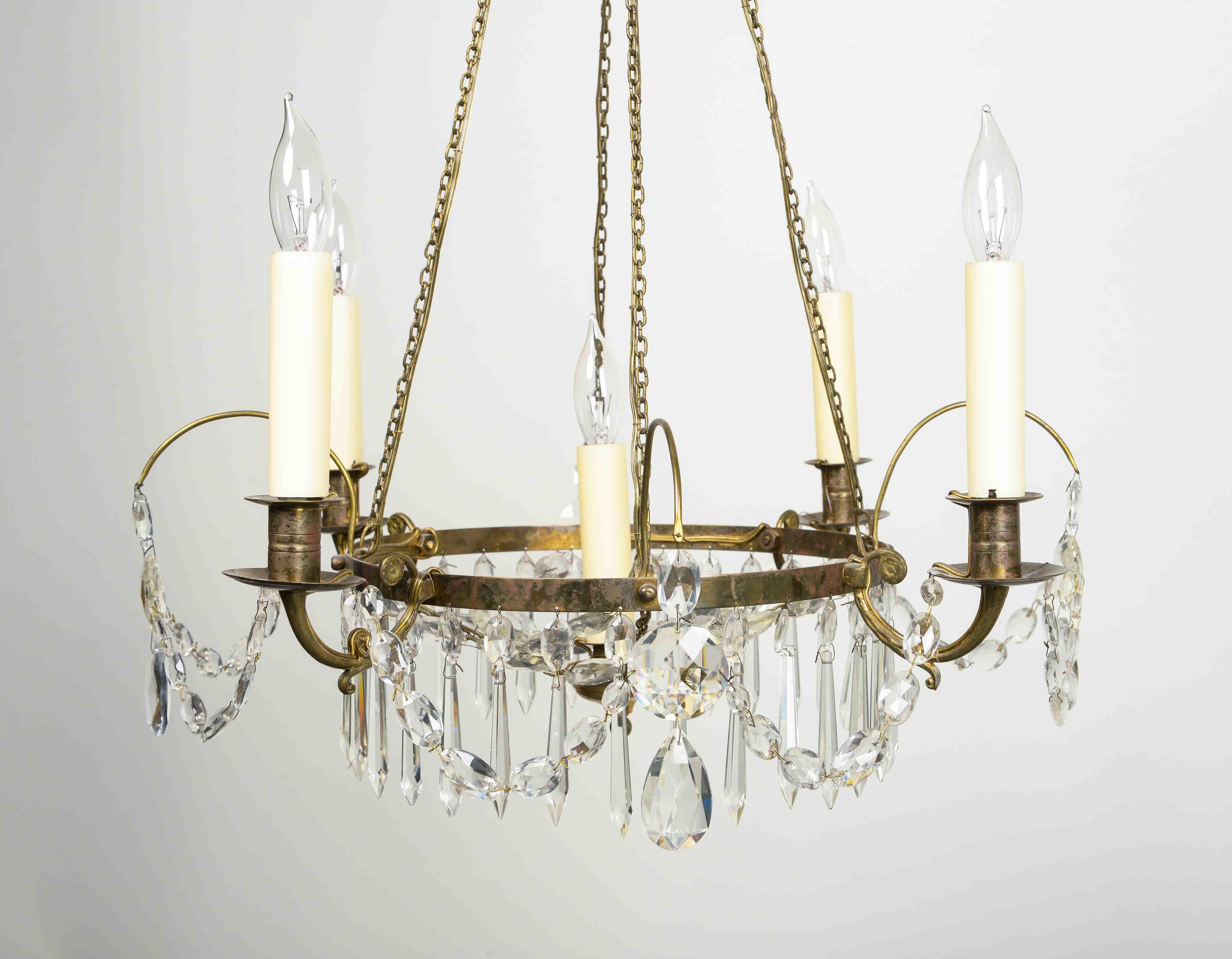 Swedish Empire Cut Crystal and Bronze Five-Light Chandelier For Sale 1