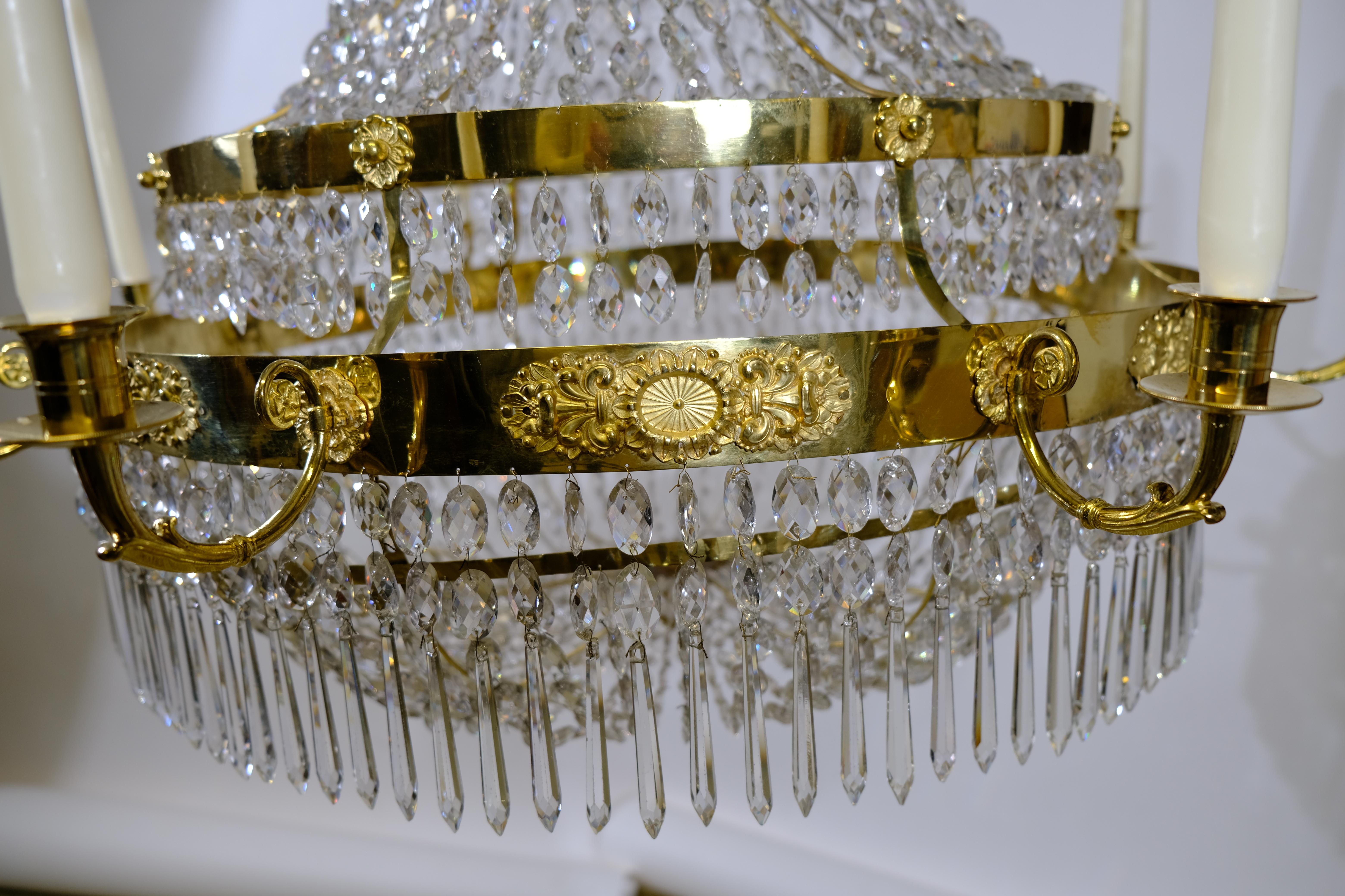 Swedish Antique Empire Gilt Brass and Cut-Glass Chandelier, circa 1820 4