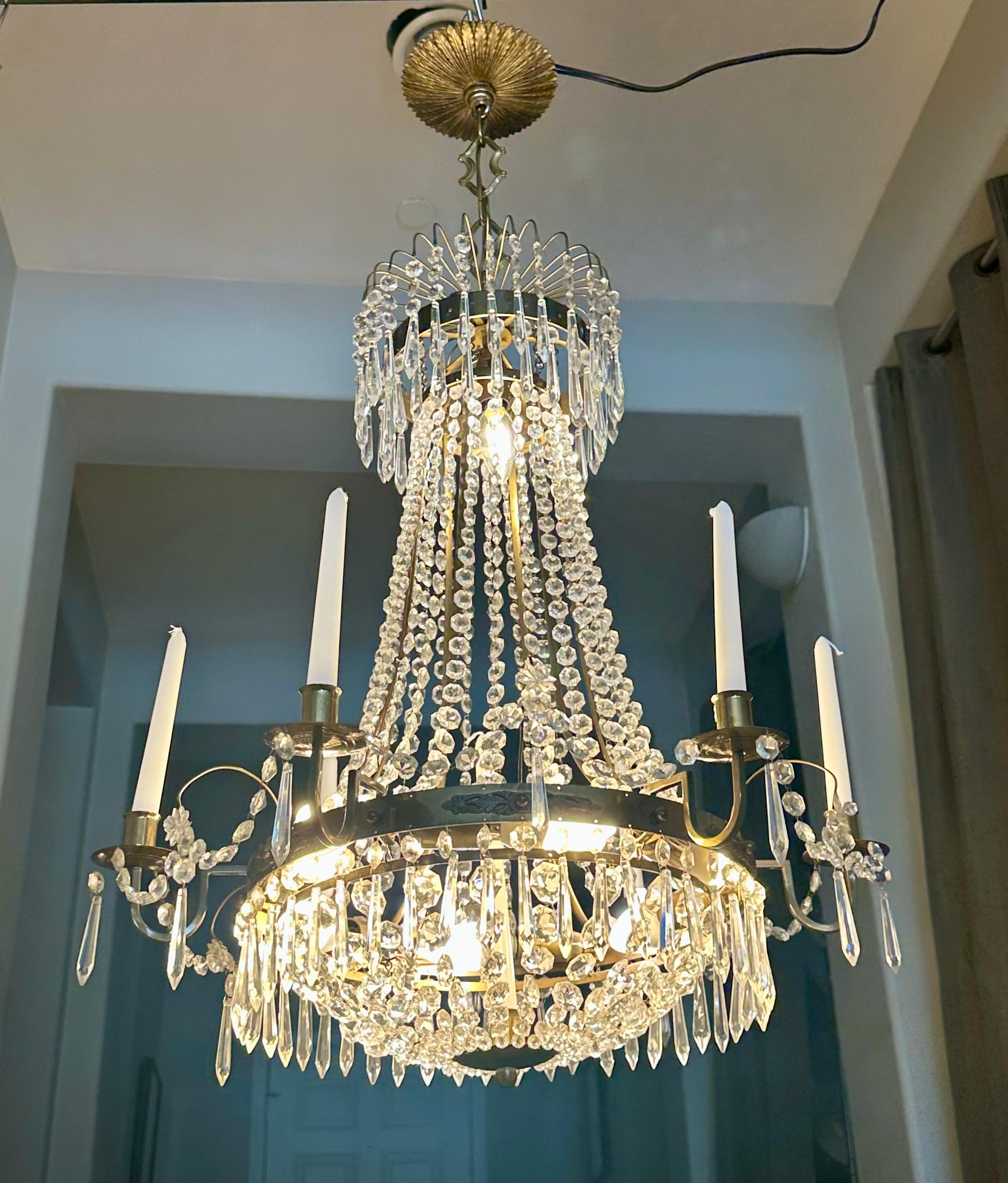 Brass Swedish Empire Gustavian Style Crystal Chandelier For Sale