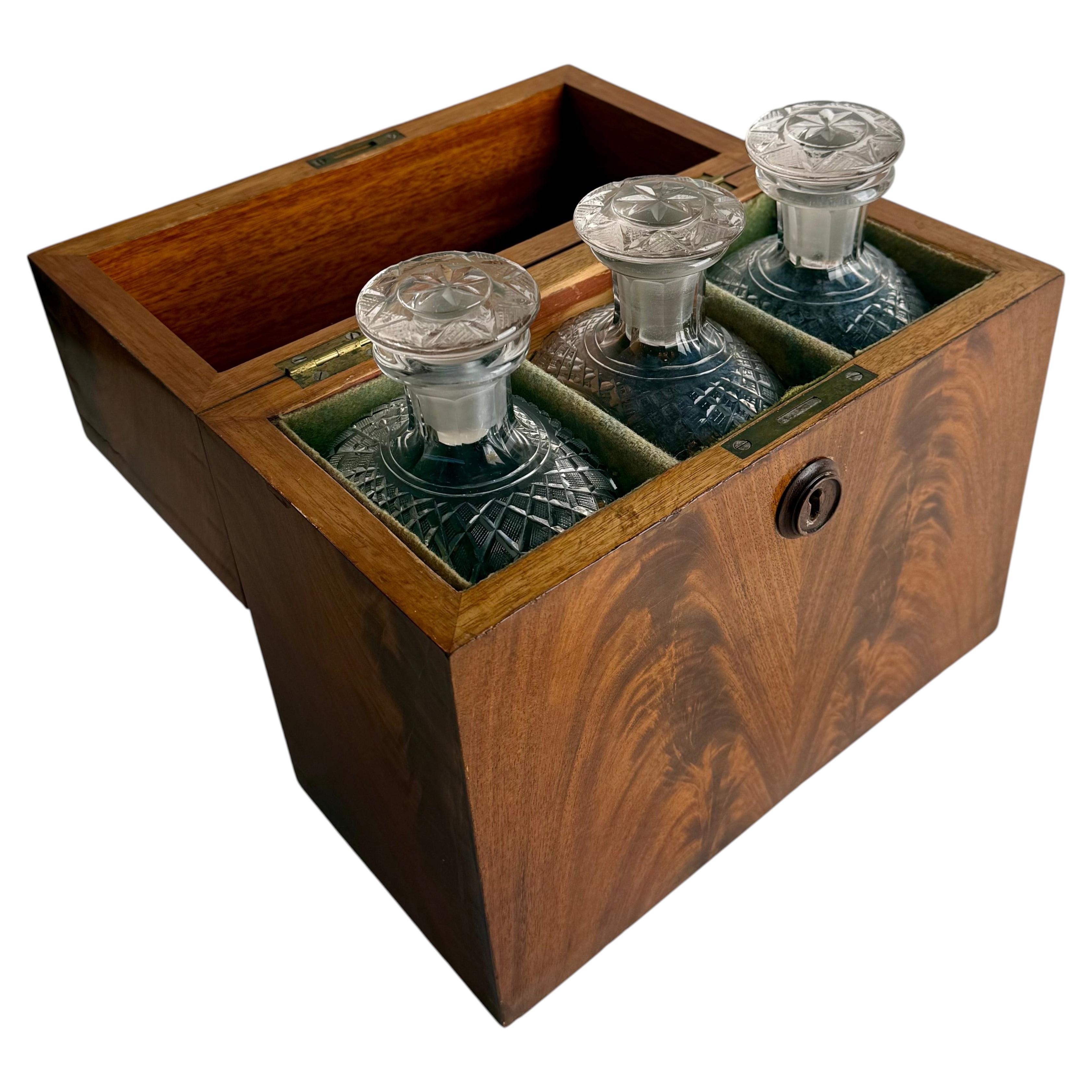 Swedish Empire Mahogany Decanter Box with Three Cut Crystal Bottles, circa 1820S For Sale