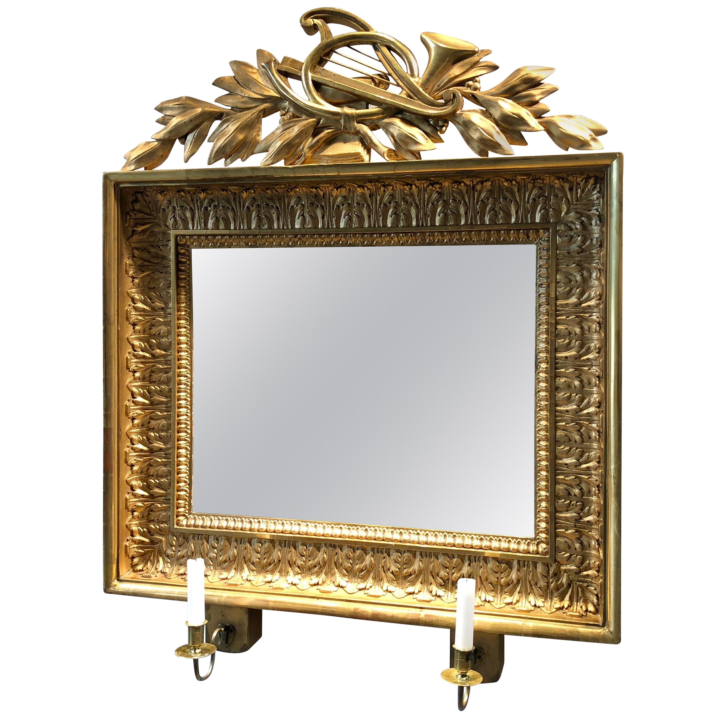 Swedish Empire Mirrored Wall Sconce with Gilded Frame and Carved Decorations For Sale