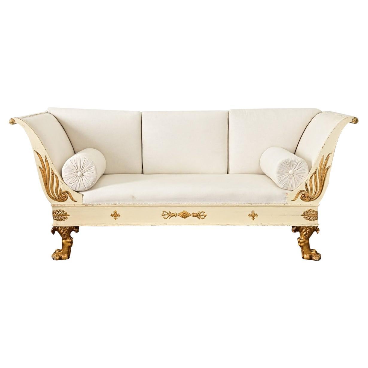 Swedish Empire Painted Parcel Gilt Settee For Sale