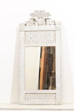 Swedish Empire Period 1820s Painted Mirror with Carved Crest and Checkered Panel