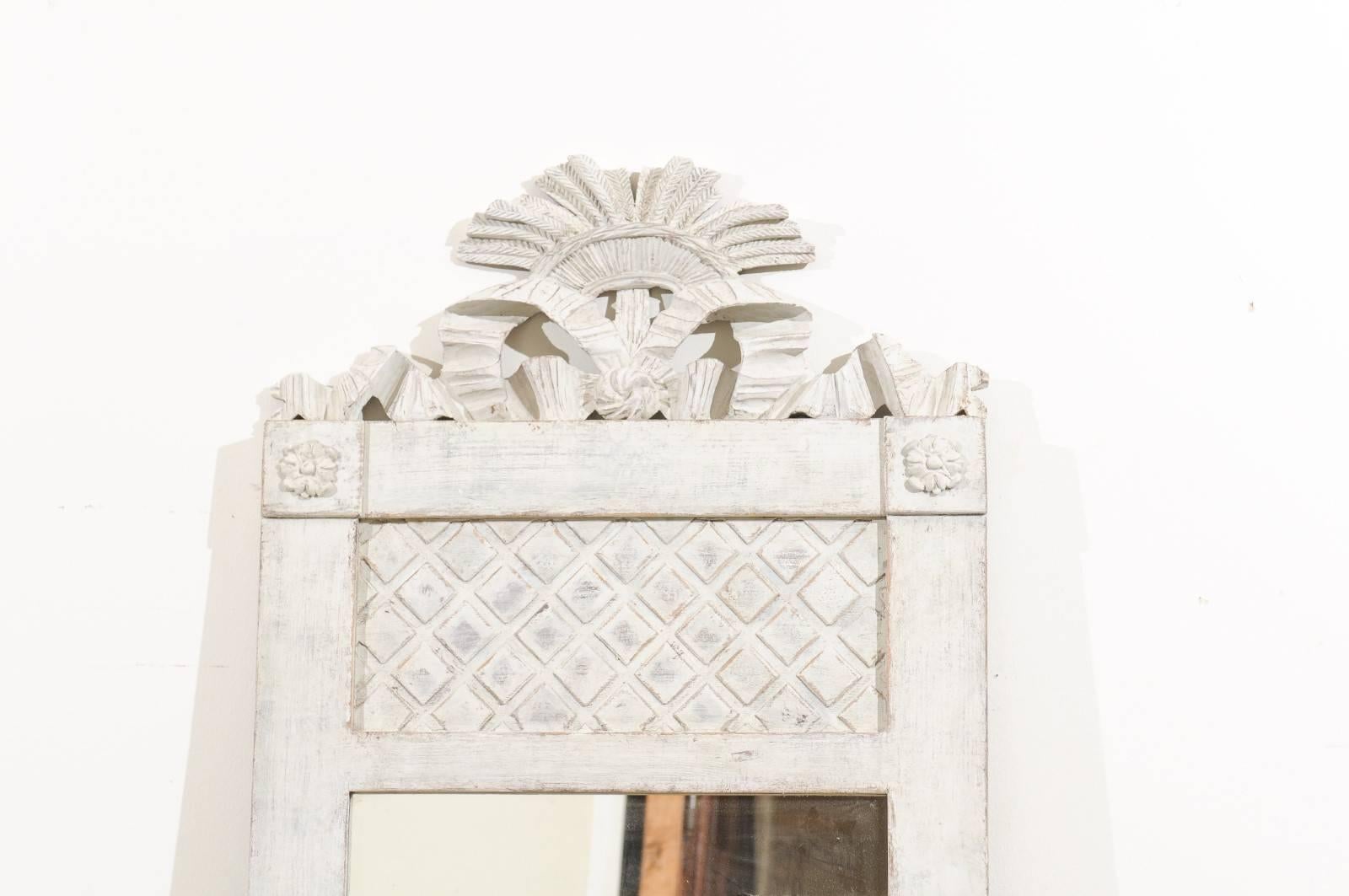 19th Century Swedish Empire Period 1820s Painted Mirror with Carved Crest and Checkered Panel