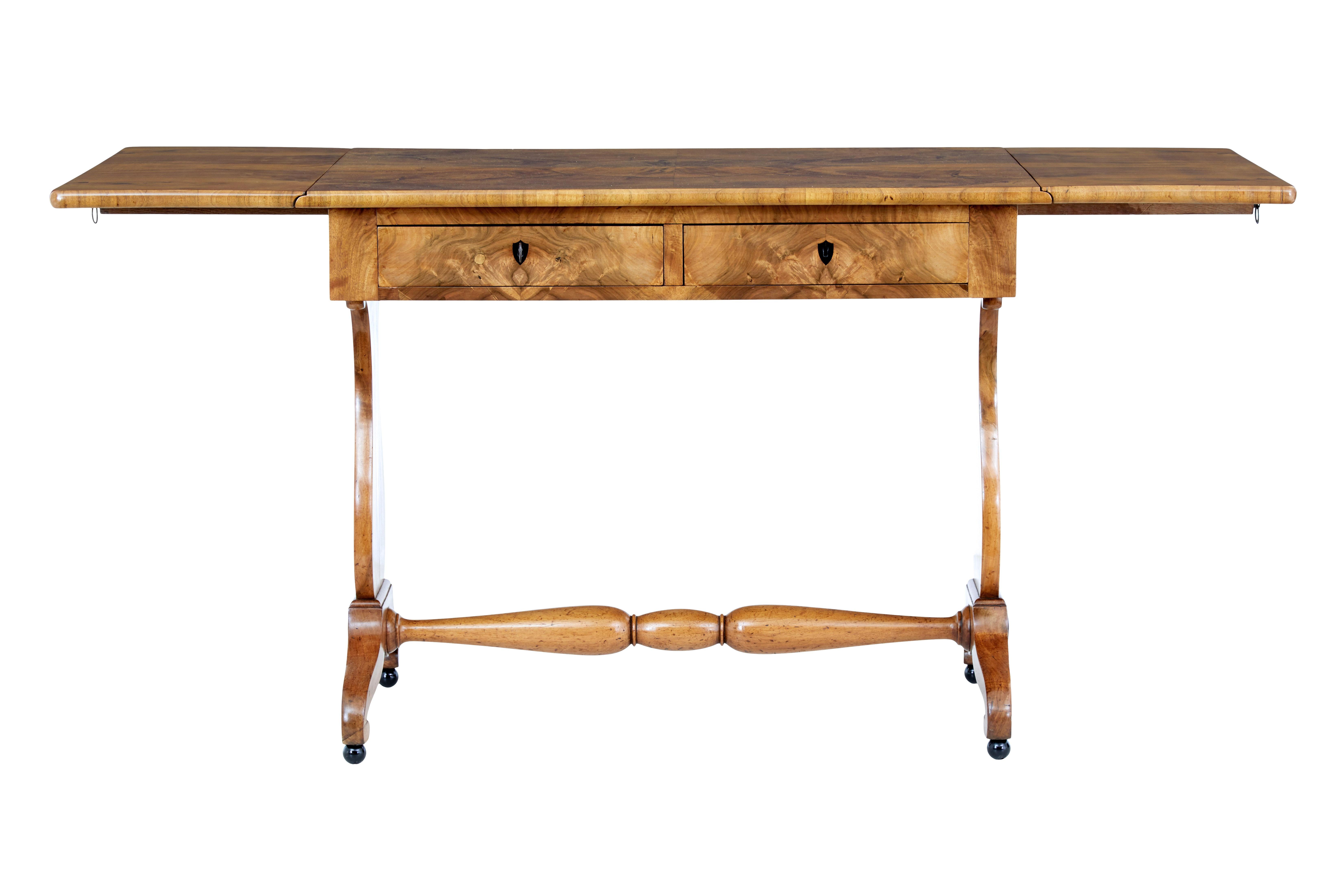 Inlay Swedish Empire Revival 1870s Birch Sofa Table with Drop Leaves and Carved Legs For Sale