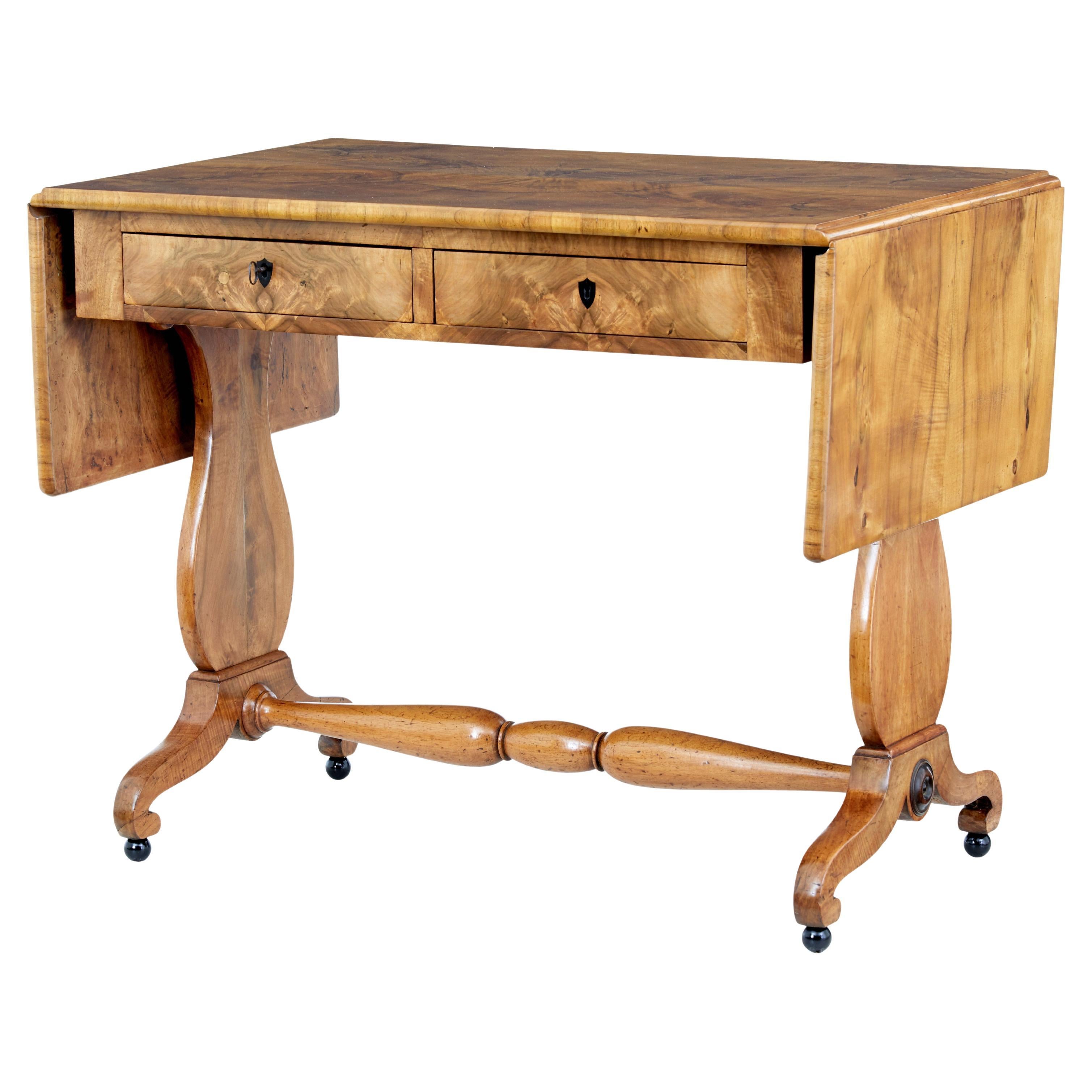 Swedish Empire Revival 1870s Birch Sofa Table with Drop Leaves and Carved Legs For Sale