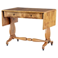 Swedish Empire Revival 1870s Birch Sofa Table with Drop Leaves and Carved Legs