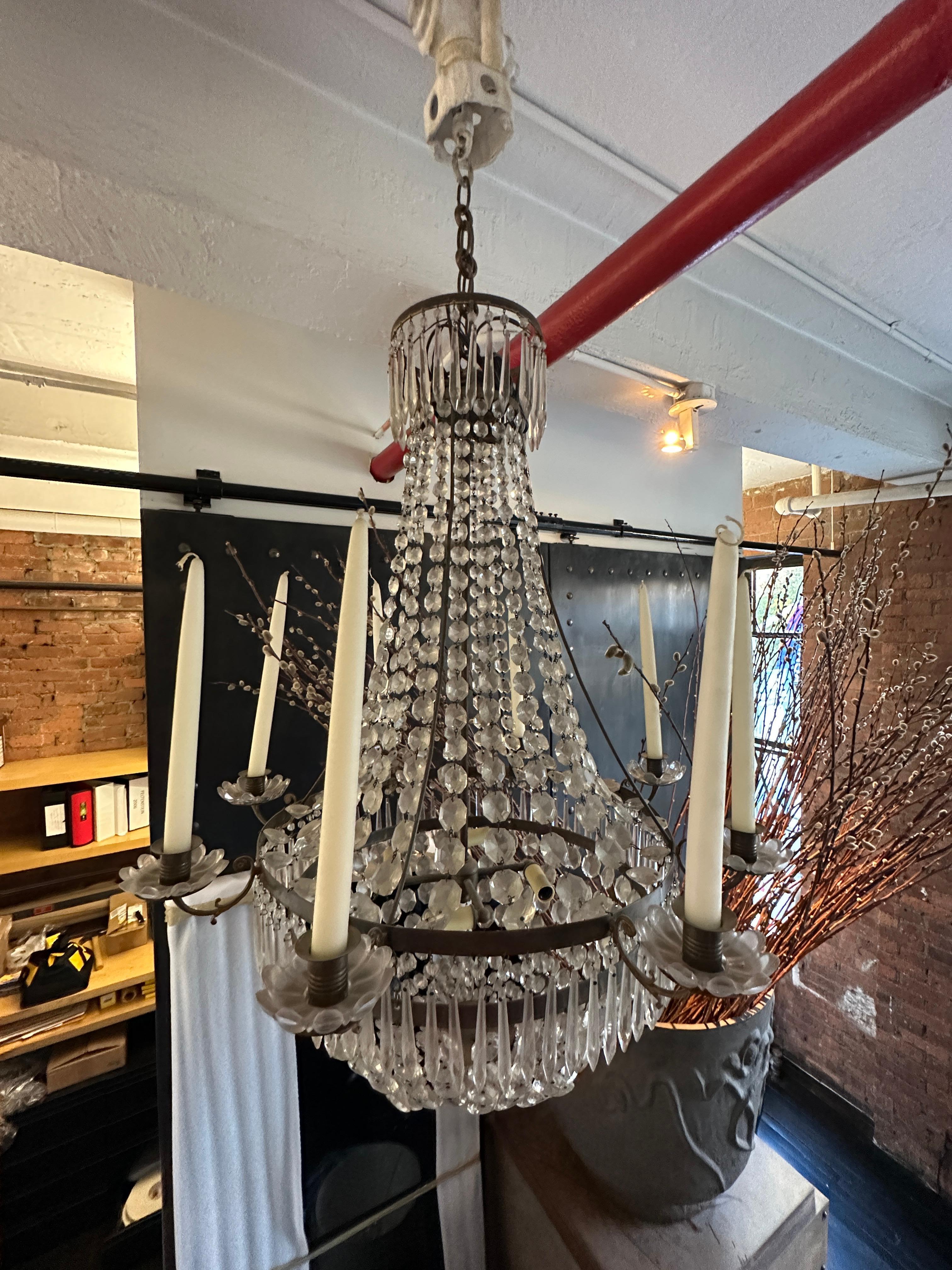 Swedish Empire Style Brass 8 Arm Brass and Crystal Chandelier  For Sale 6