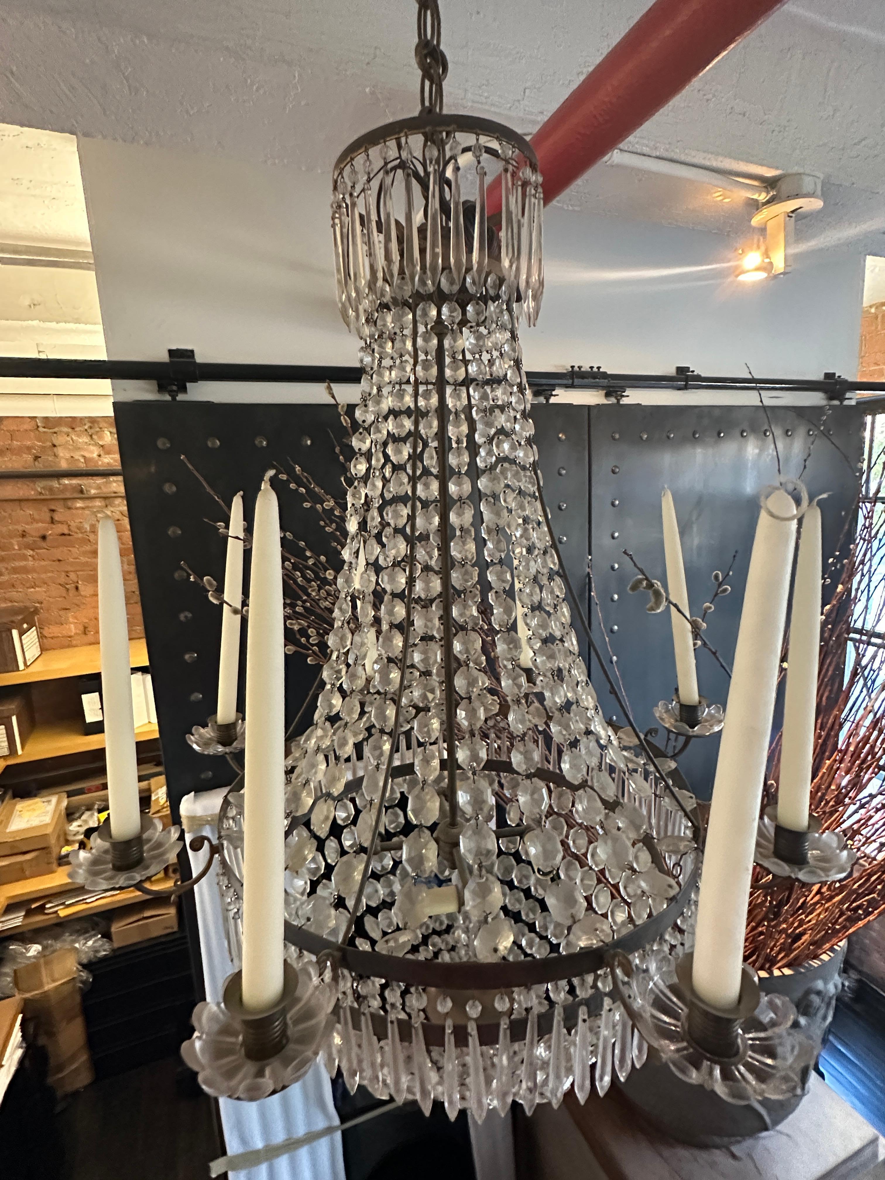 Swedish Empire Style Brass 8 Arm Brass and Crystal Chandelier 9