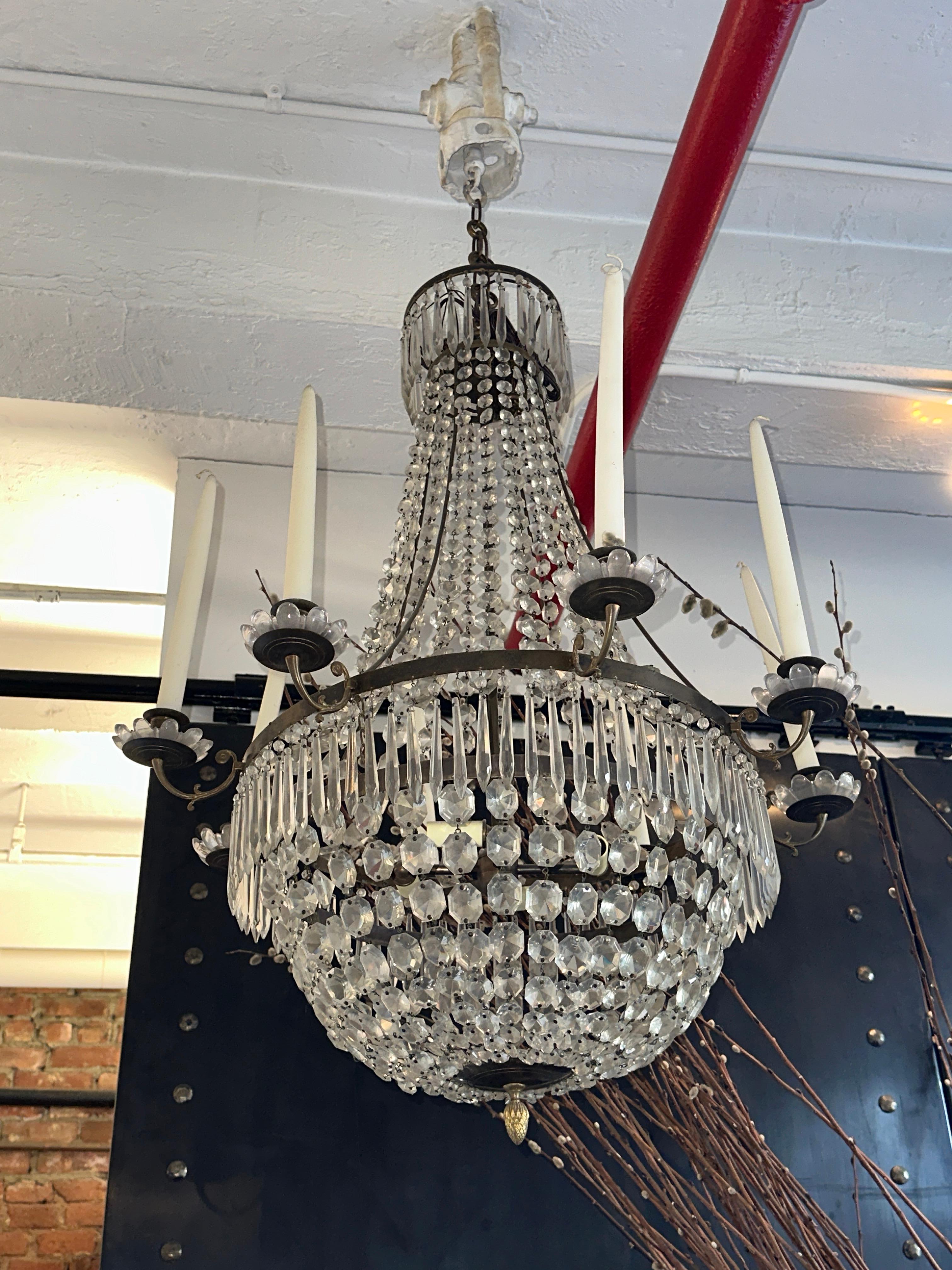 Gustavian Swedish Empire Style Brass 8 Arm Brass and Crystal Chandelier  For Sale