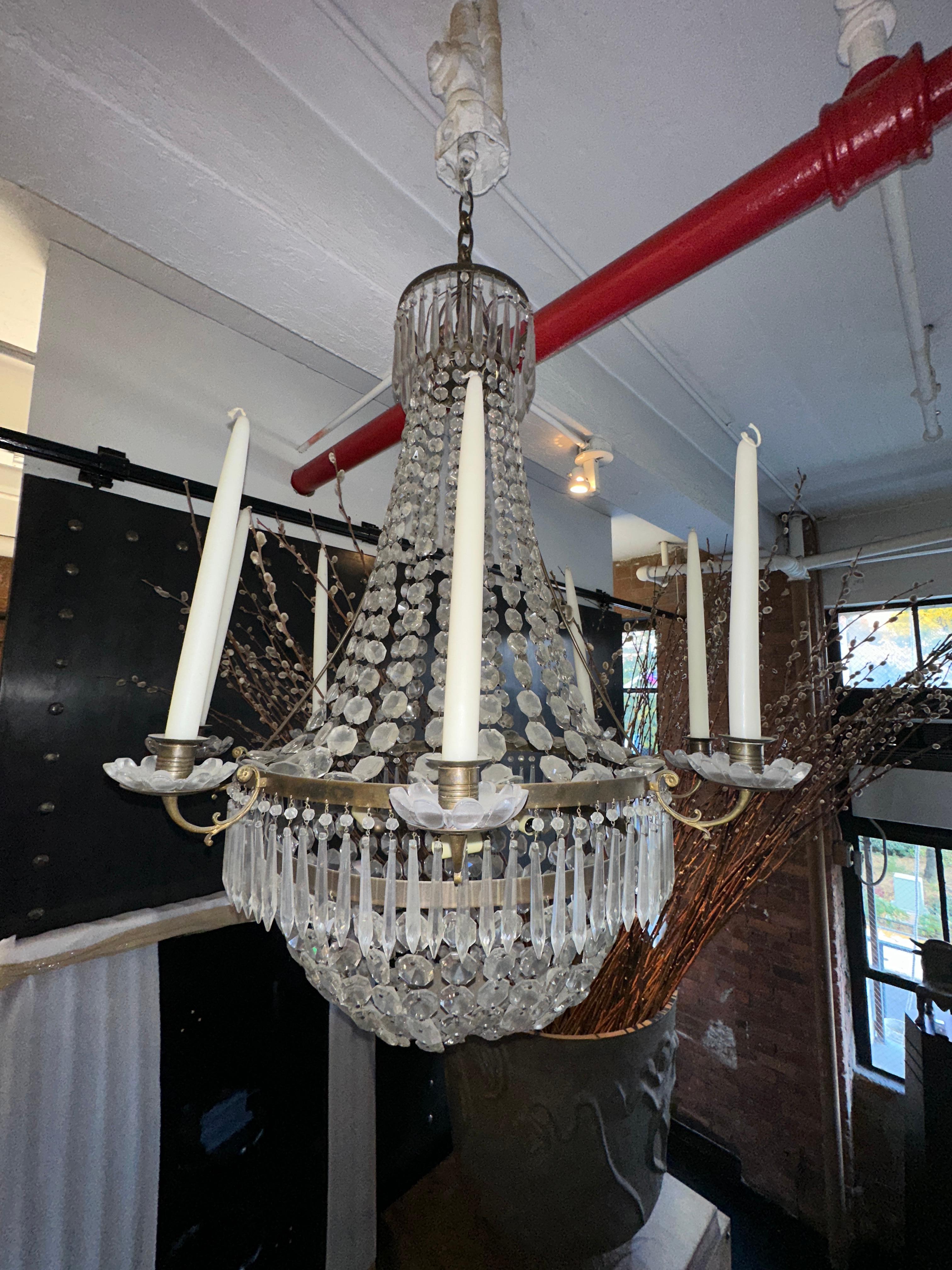 Swedish Empire Style Brass 8 Arm Brass and Crystal Chandelier  In Good Condition For Sale In New York, NY