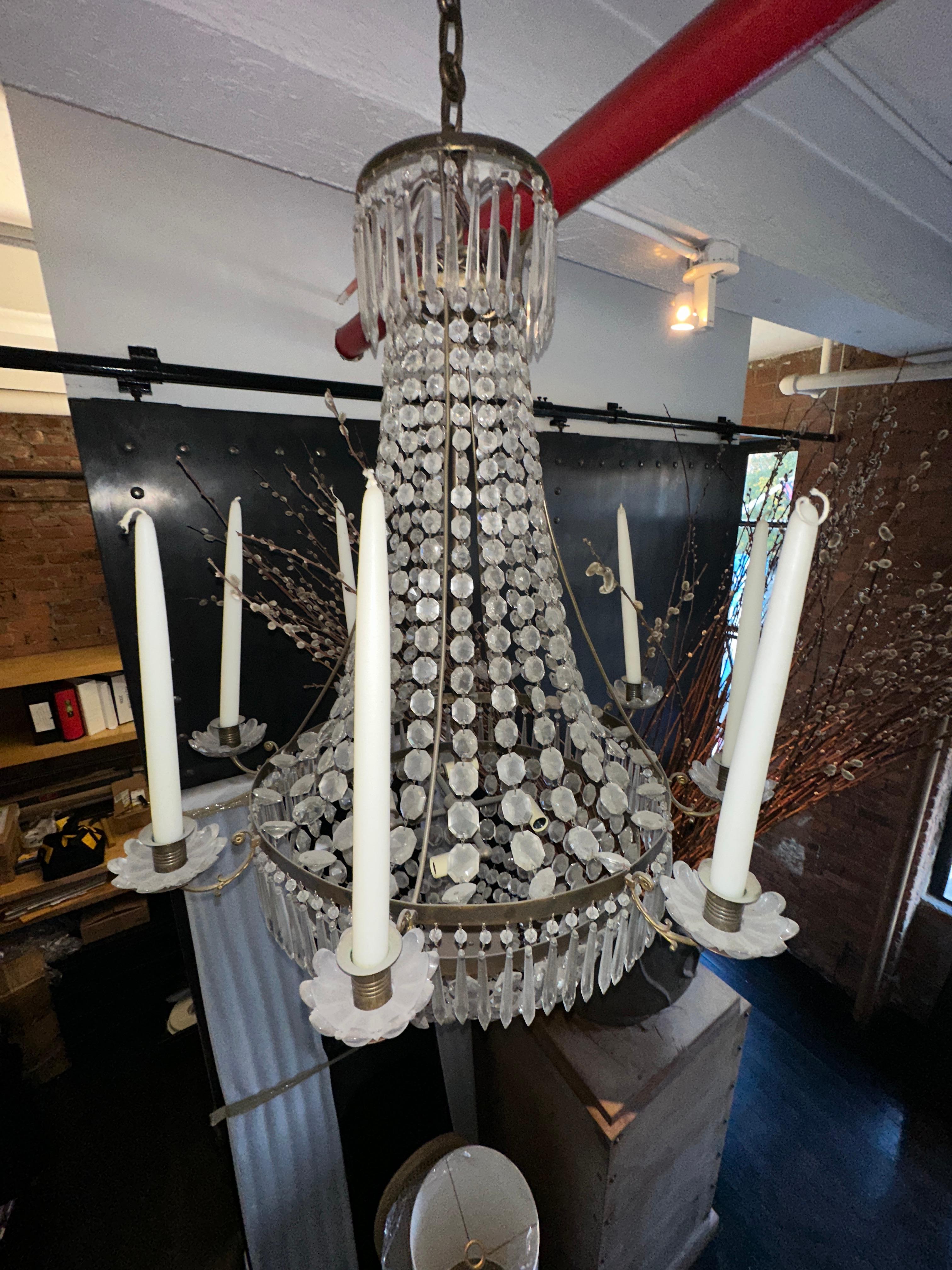 Swedish Empire Style Brass 8 Arm Brass and Crystal Chandelier  For Sale 1