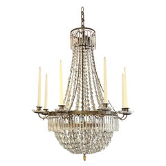 Swedish Empire Style Brass 8 Arm Brass and Crystal Chandelier