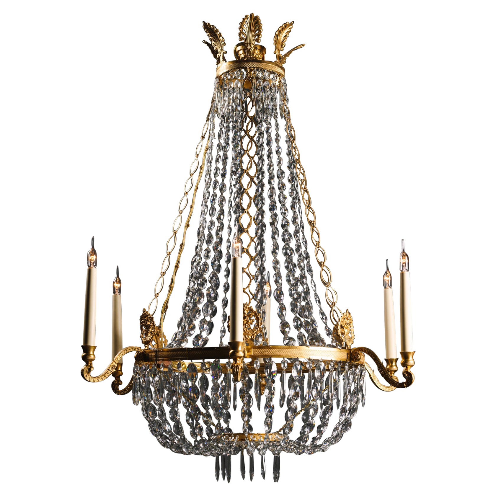 Lampadario a tenda e a cesto in stile Impero svedese con cristalli tagliati