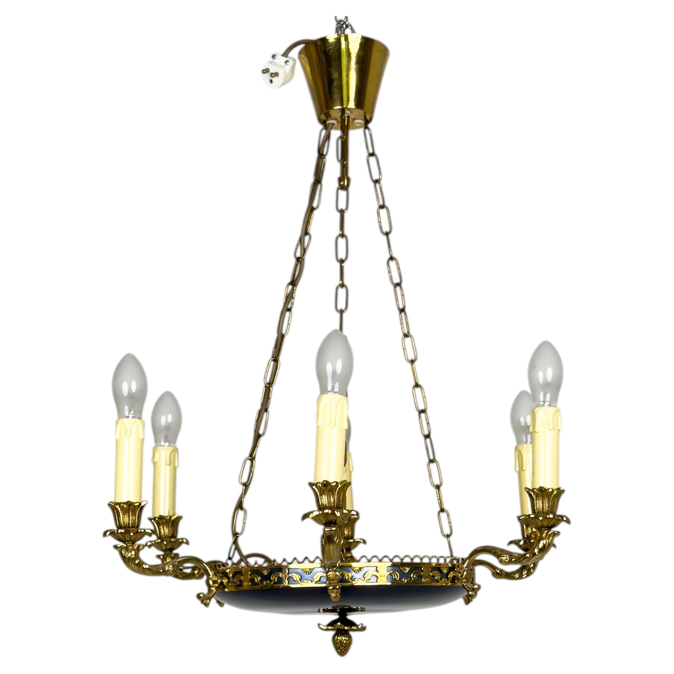 Swedish Empire Style Six-Light Brass and Blue Metal Chandelier