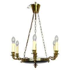 Swedish Empire Style Six-Light Brass and Blue Metal Chandelier