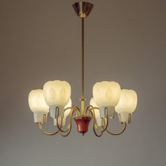 Swedish Enameled Glass and Brass Chandelier, 1950s