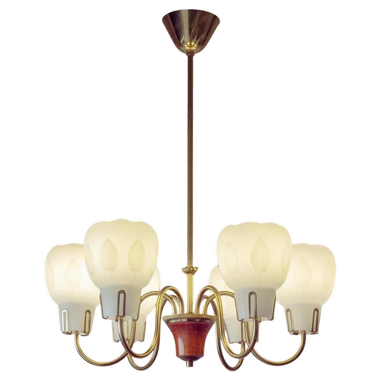 Swedish Enameled Glass and Brass Chandelier, 1950s For Sale