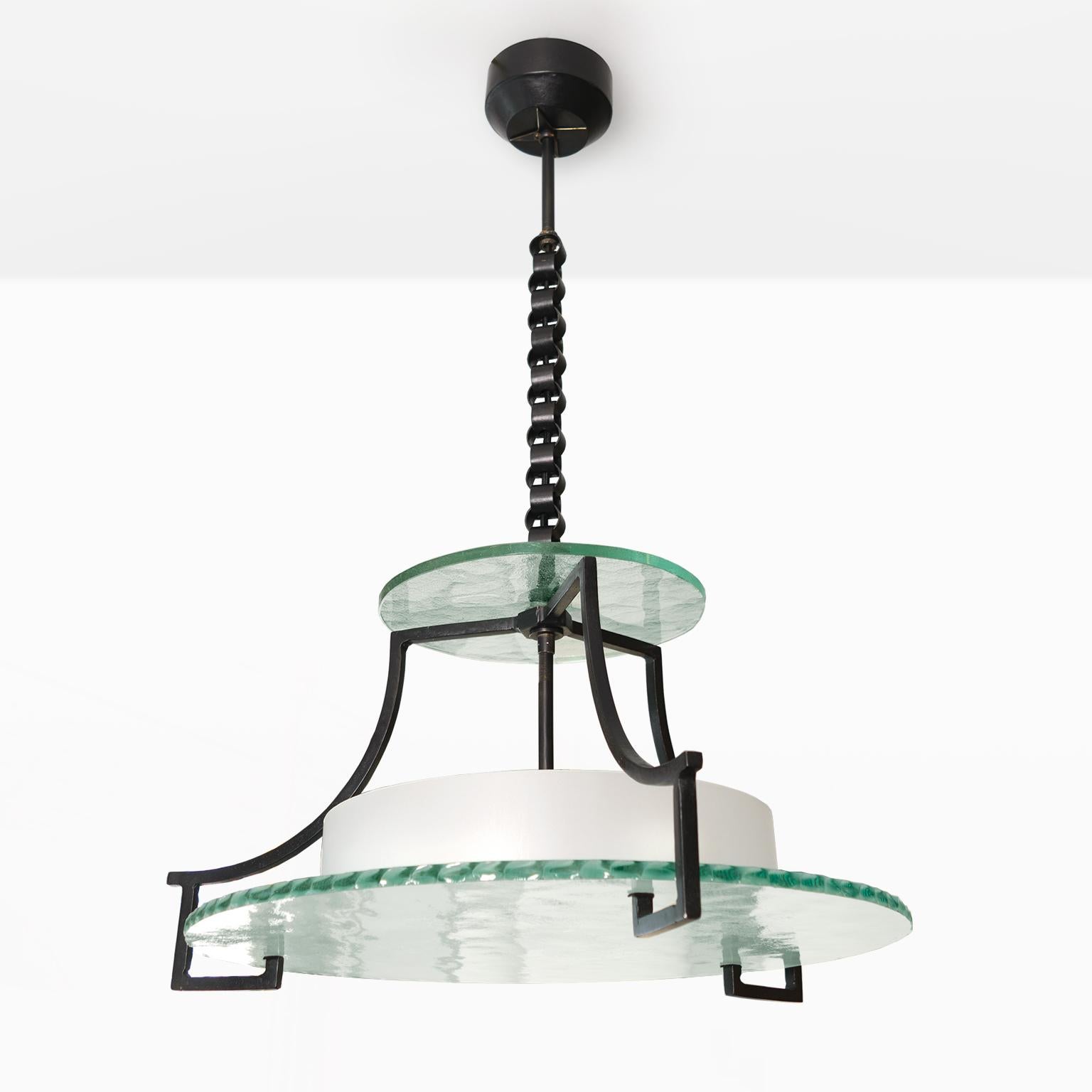 Scandinavian Modern Swedish Etched Glass and Iron Chandelier with Fish and Wave Motif