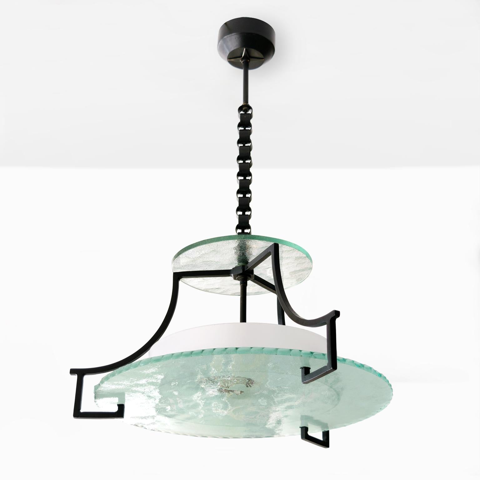European Swedish Etched Glass and Iron Chandelier with Fish and Wave Motif