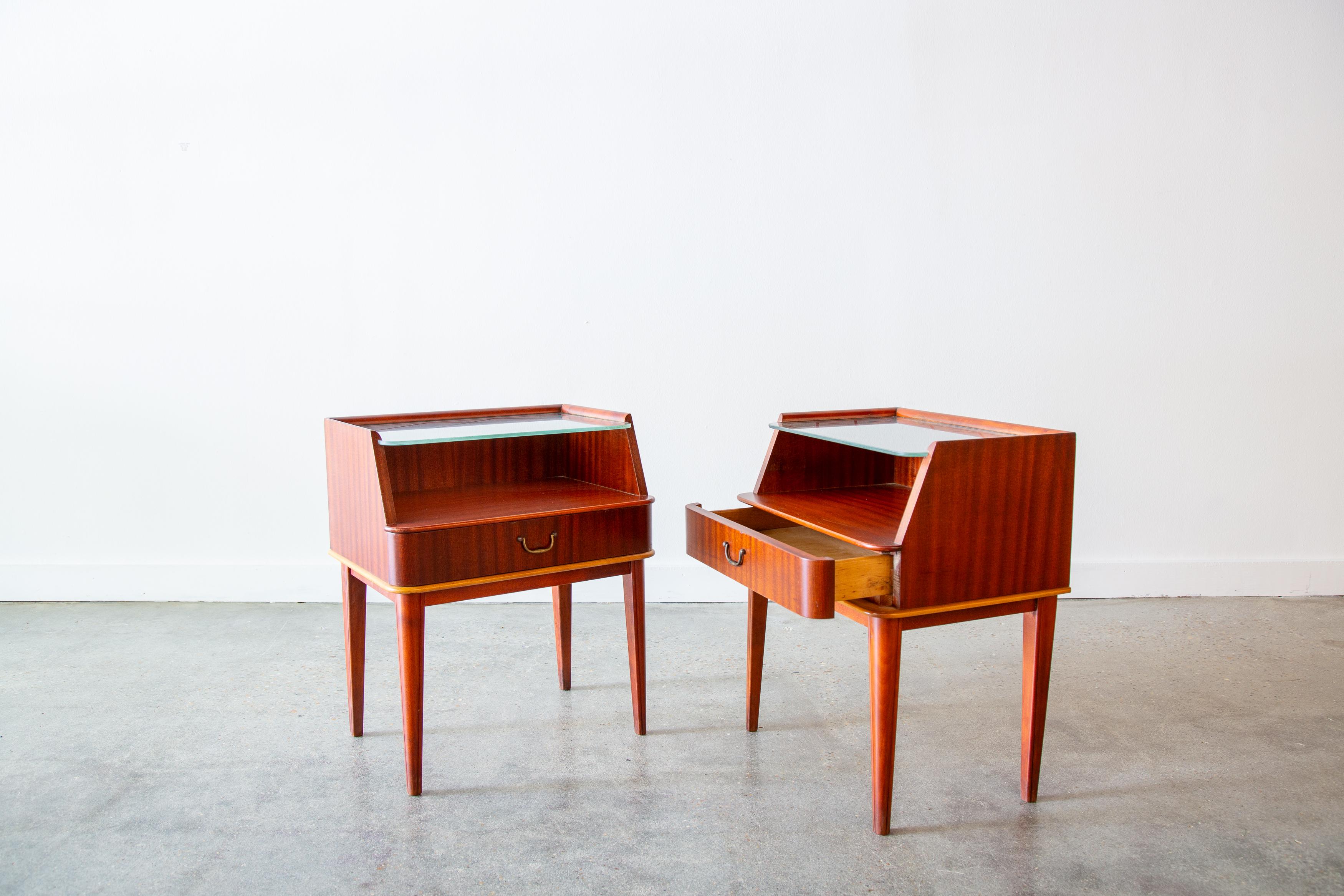 Mid-Century Modern Swedish Etched Glass Petite Nightstands in Mahogany and birch fillet by Bodafors For Sale