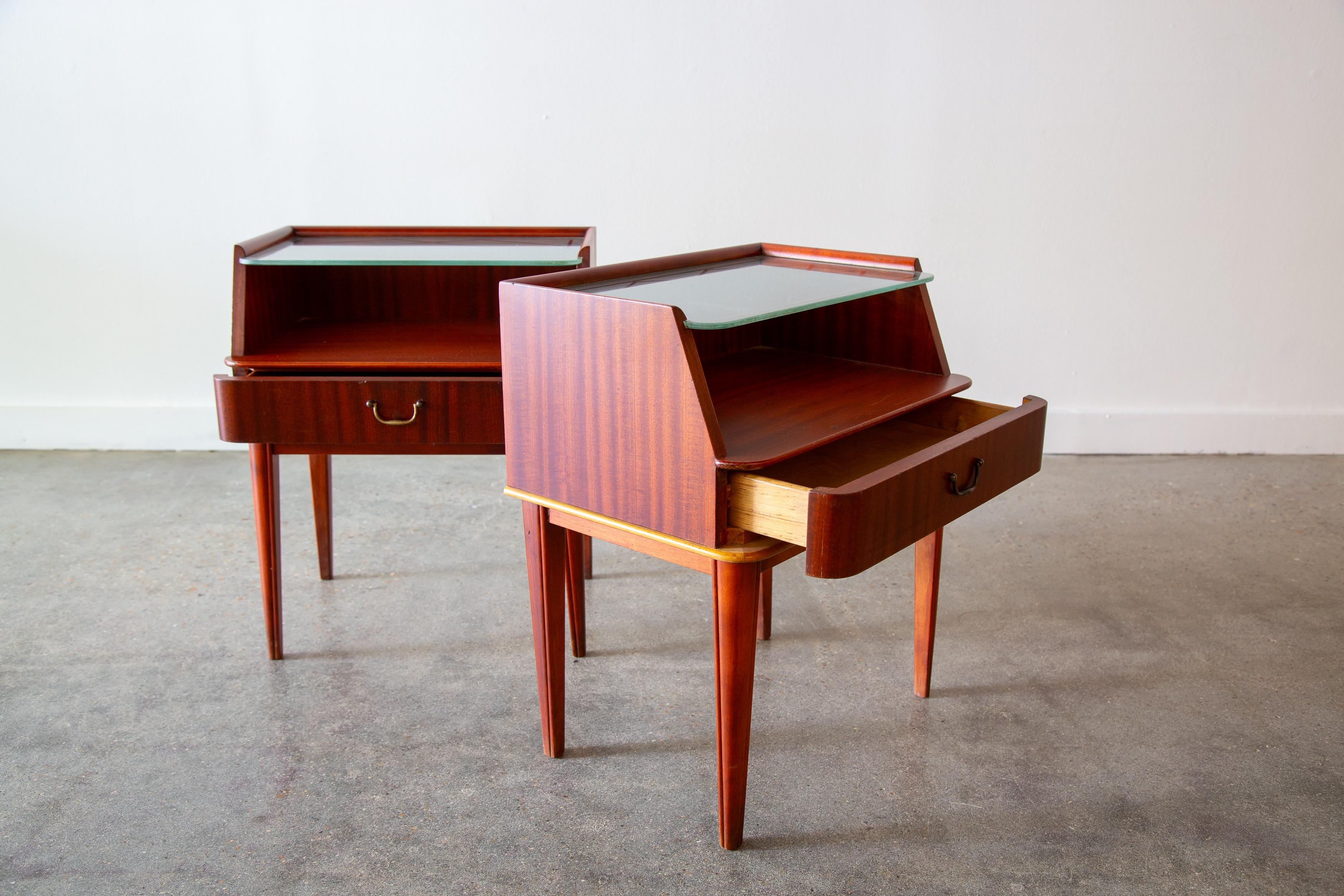 American Swedish Etched Glass Petite Nightstands in Mahogany and birch fillet by Bodafors For Sale