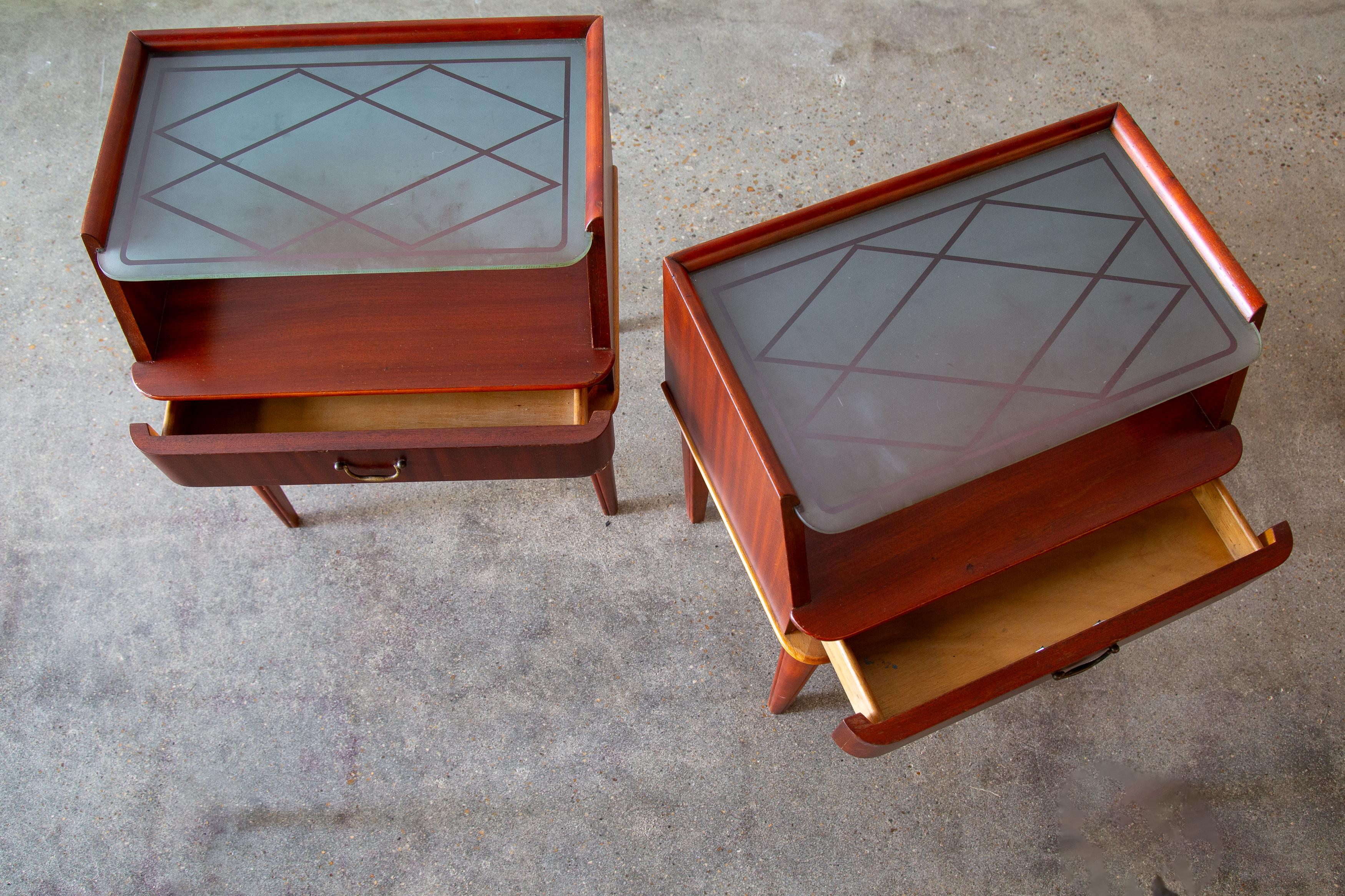 Mid-20th Century Swedish Etched Glass Petite Nightstands in Mahogany and birch fillet by Bodafors For Sale