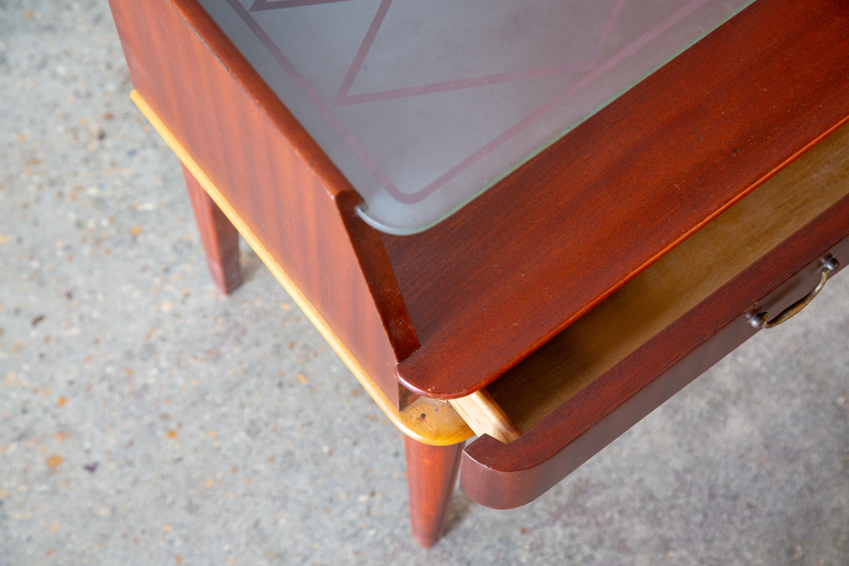 Birch Swedish Etched Glass Petite Nightstands in Mahogany and birch fillet by Bodafors For Sale