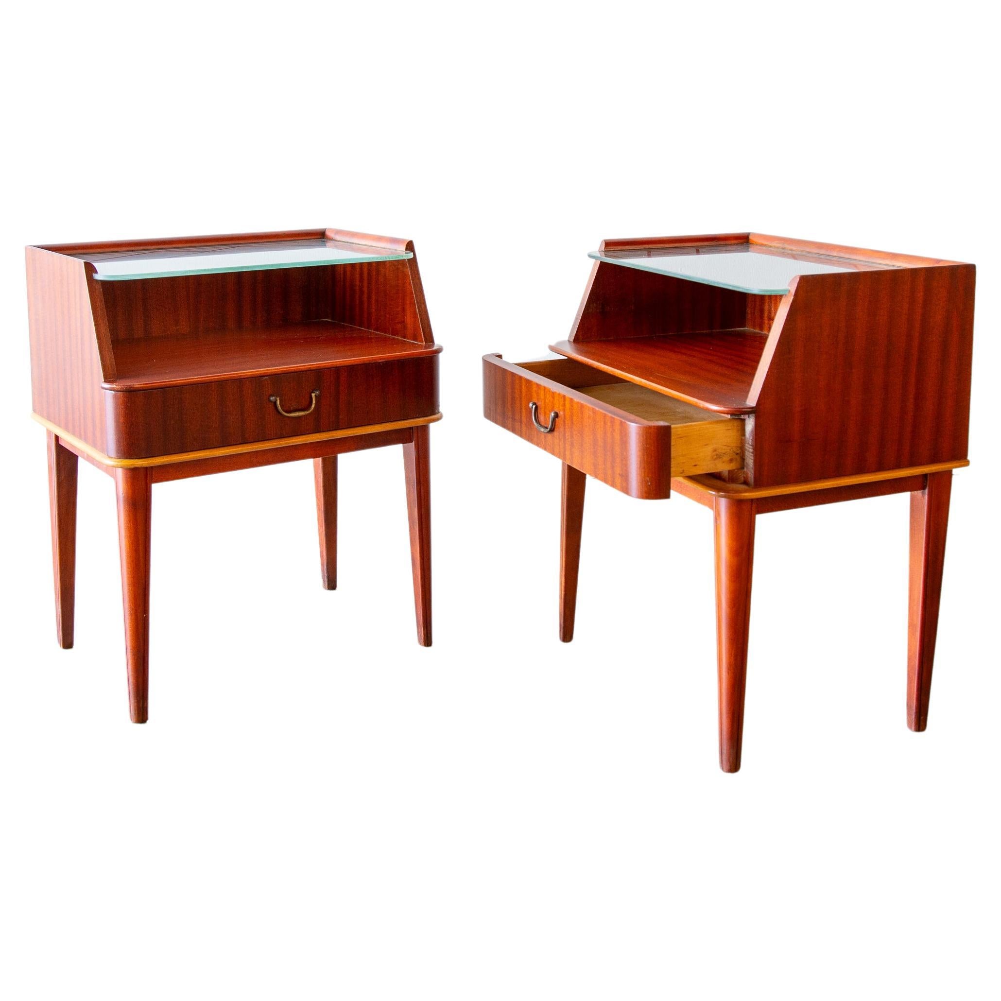 Swedish Etched Glass Petite Nightstands in Mahogany and birch fillet by Bodafors For Sale