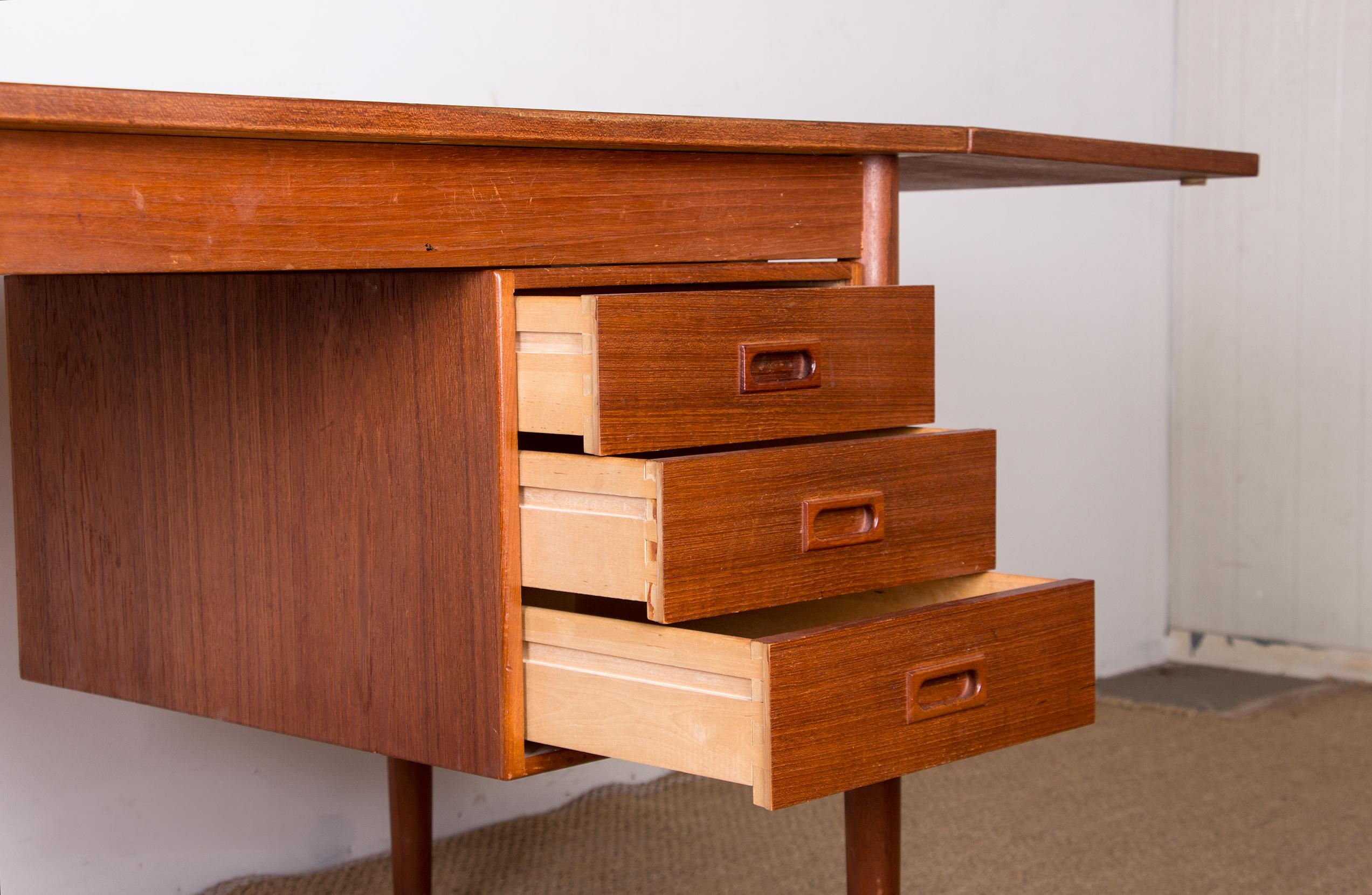 Swedish extendable teak desk, sliding unit and folding extension 1960. For Sale 7