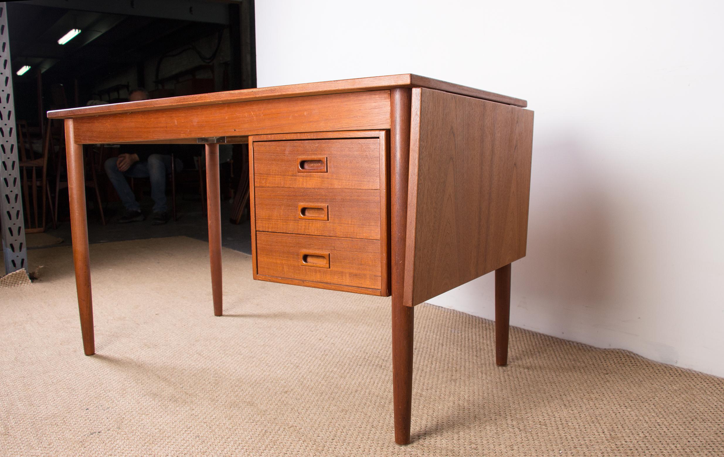Swedish extendable teak desk, sliding unit and folding extension 1960. For Sale 8
