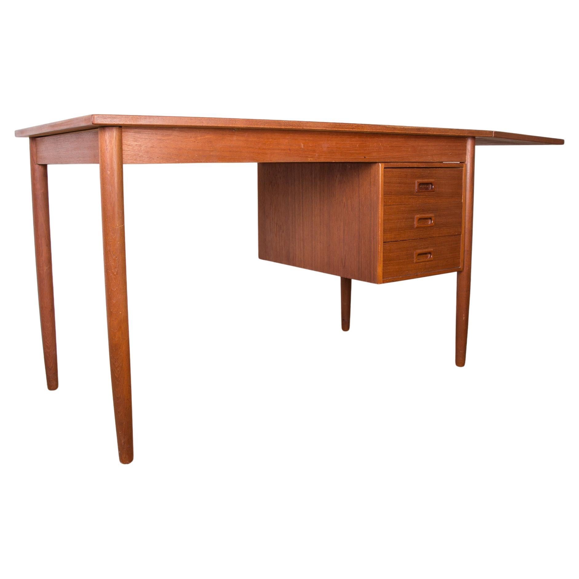 Swedish extendable teak desk, sliding unit and folding extension 1960. For Sale