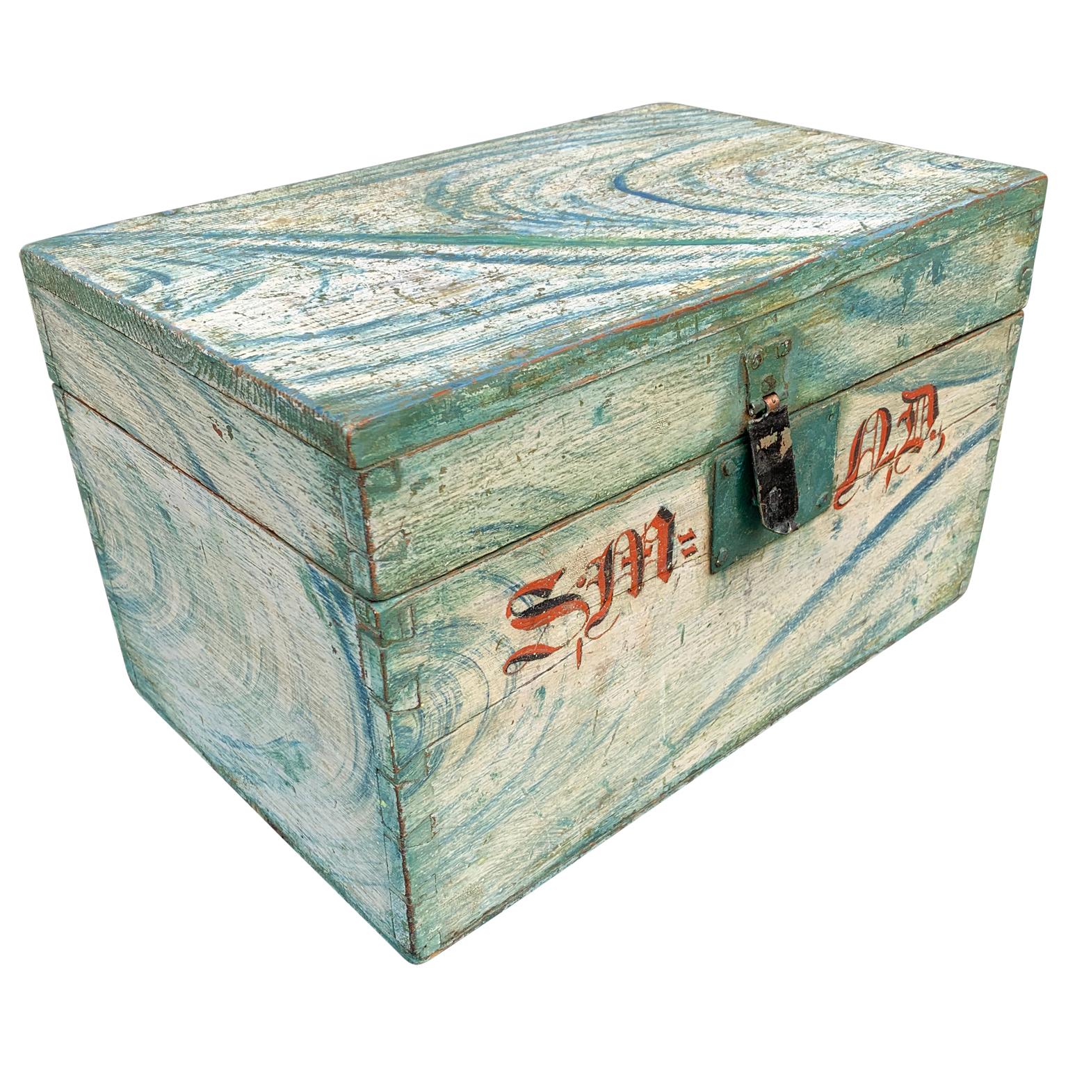 Scandinavian Swedish Faux Marble Hand-Painted Wooden Folk Art Box