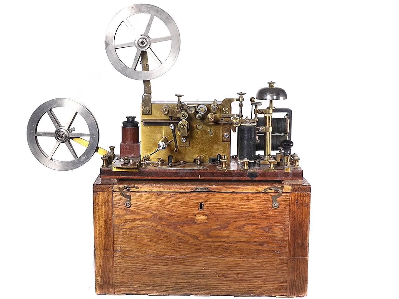 This complete and complex field telegraph is attributed to L.M. Ericsson. All the equipment including the key, ribbon printer or recorder, bell sounder, tools plus a number of other items fit neatly into a nicely made mahogany case. Note the