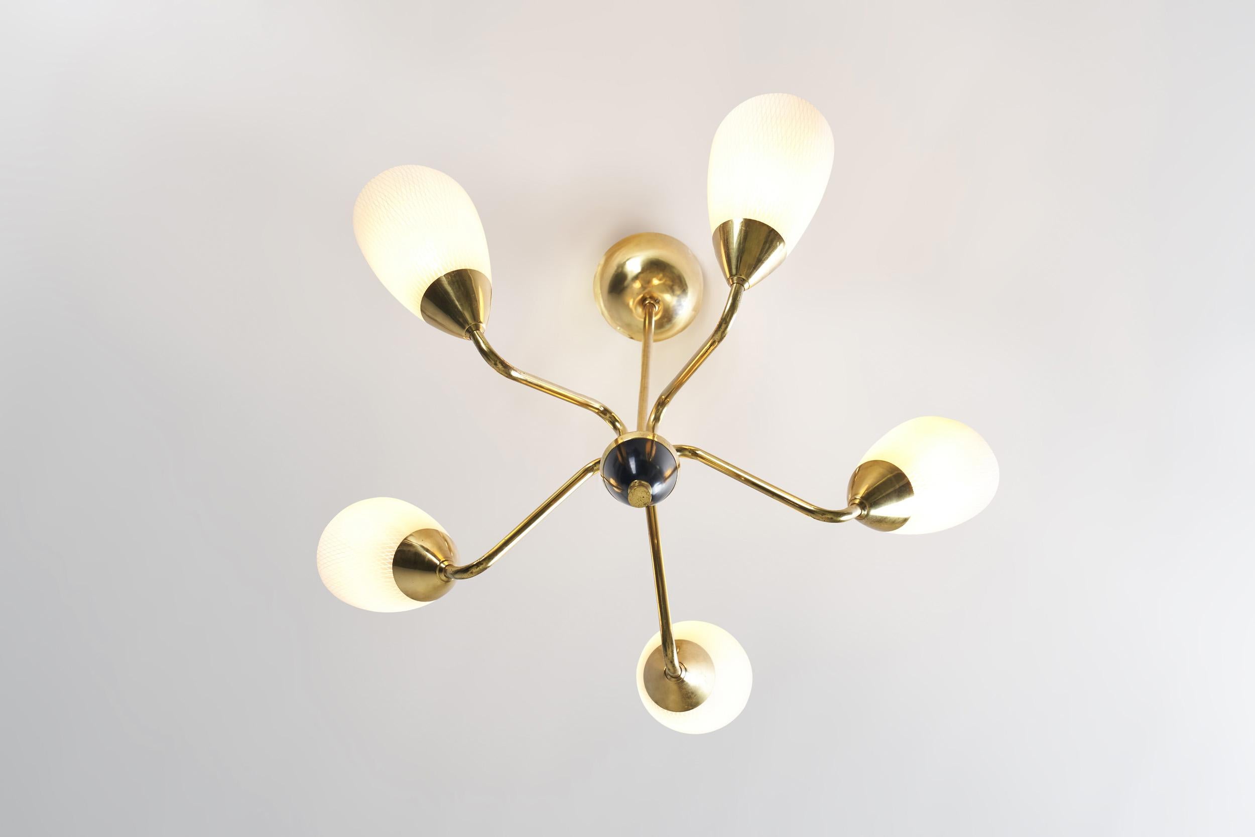 Swedish Five-Arm Brass and Glass Chandelier, Sweden, ca 1950s 5