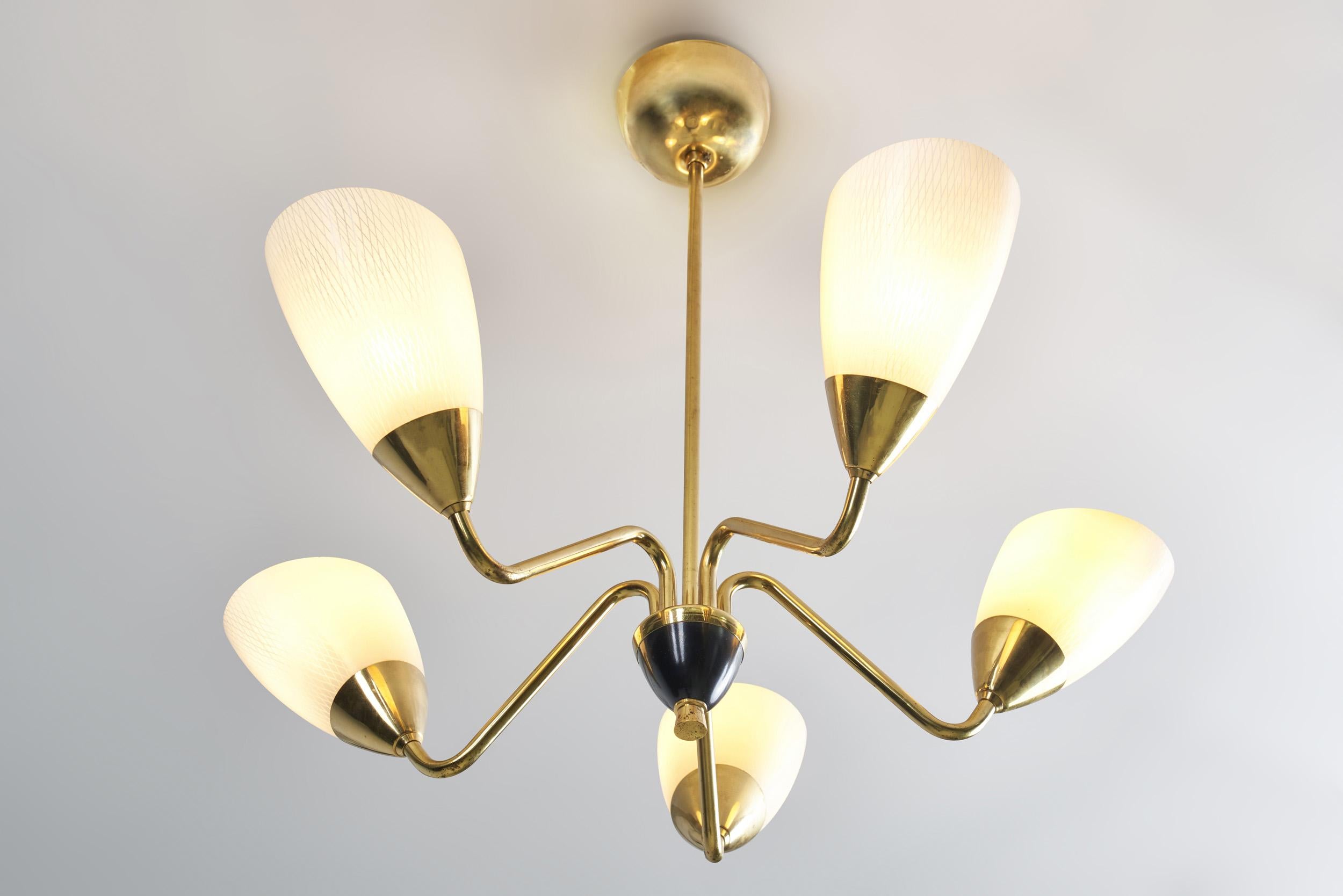 Swedish Five-Arm Brass and Glass Chandelier, Sweden, ca 1950s 6