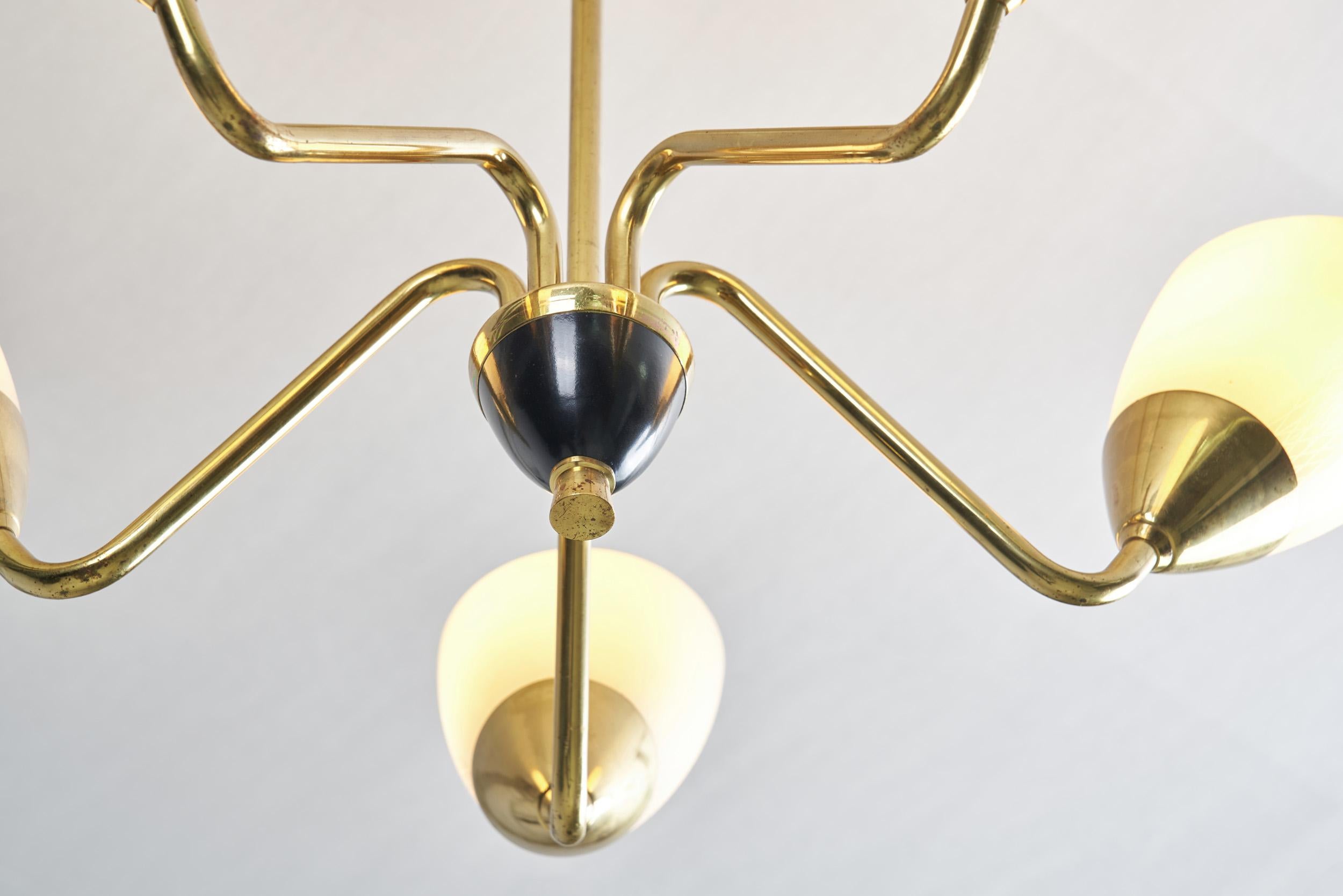 Swedish Five-Arm Brass and Glass Chandelier, Sweden, ca 1950s 8