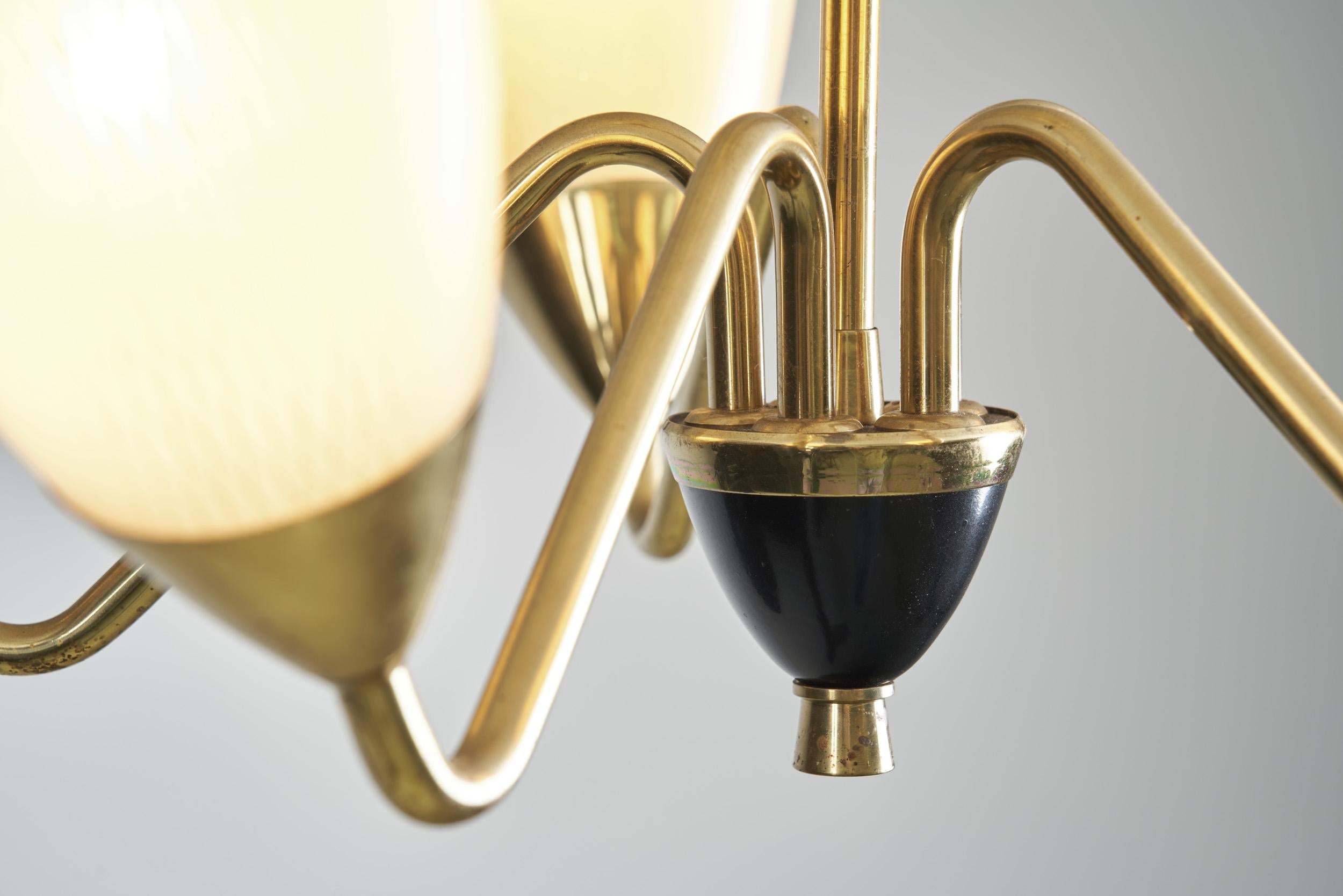 Swedish Five-Arm Brass and Glass Chandelier, Sweden, ca 1950s 10