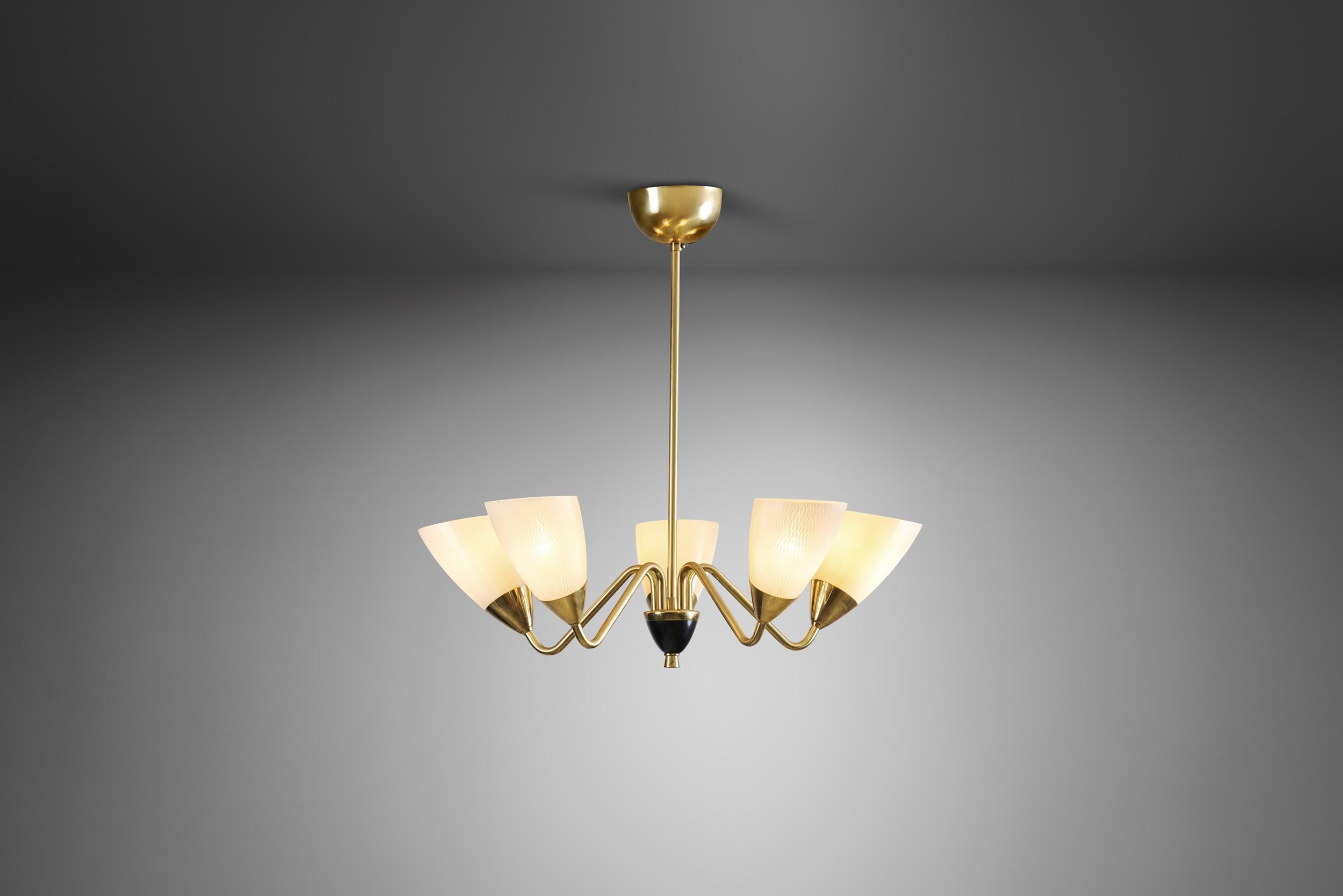 Swedish Five-Arm Brass and Glass Chandelier, Sweden, ca 1950s In Good Condition In Utrecht, NL