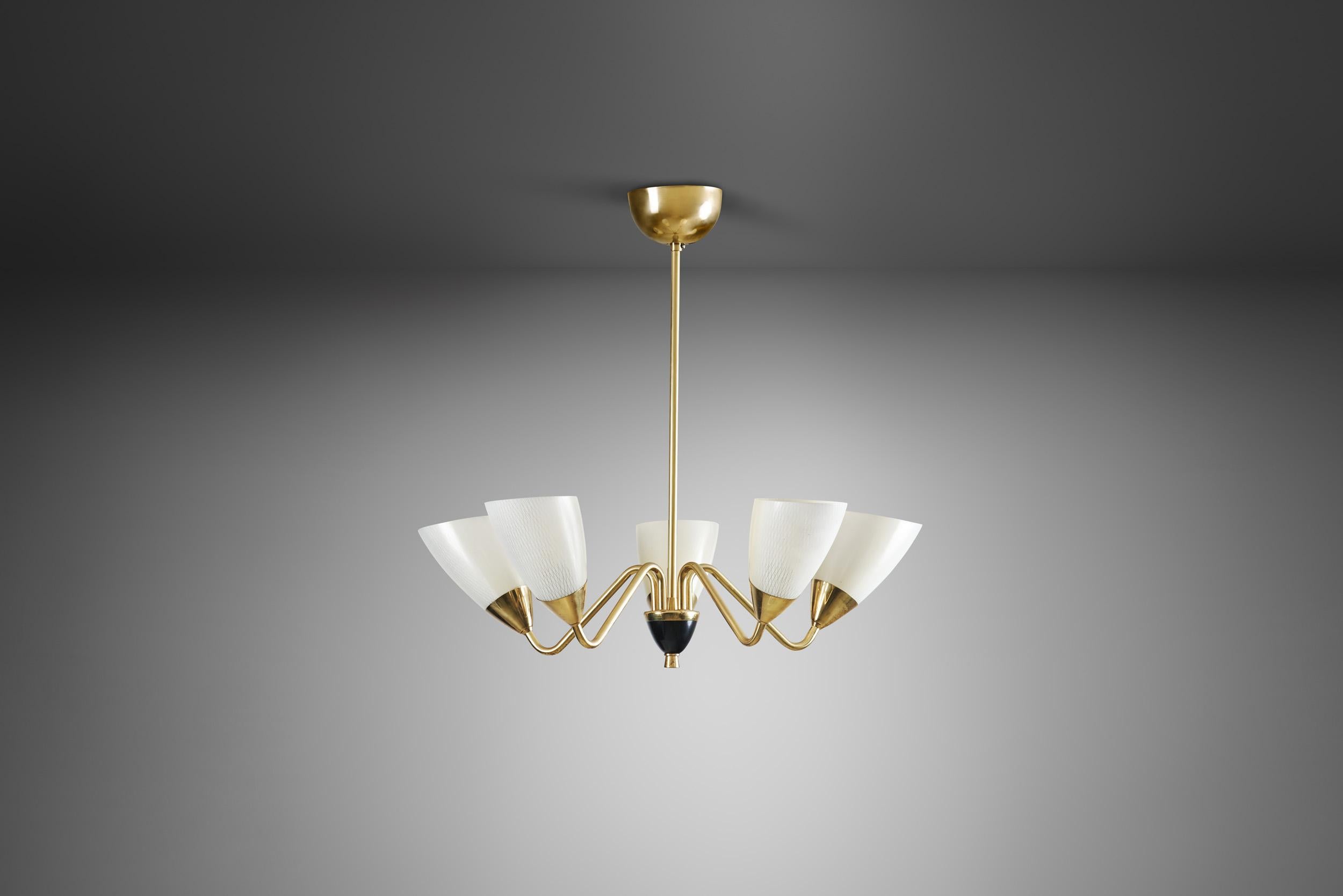 Mid-20th Century Swedish Five-Arm Brass and Glass Chandelier, Sweden, ca 1950s