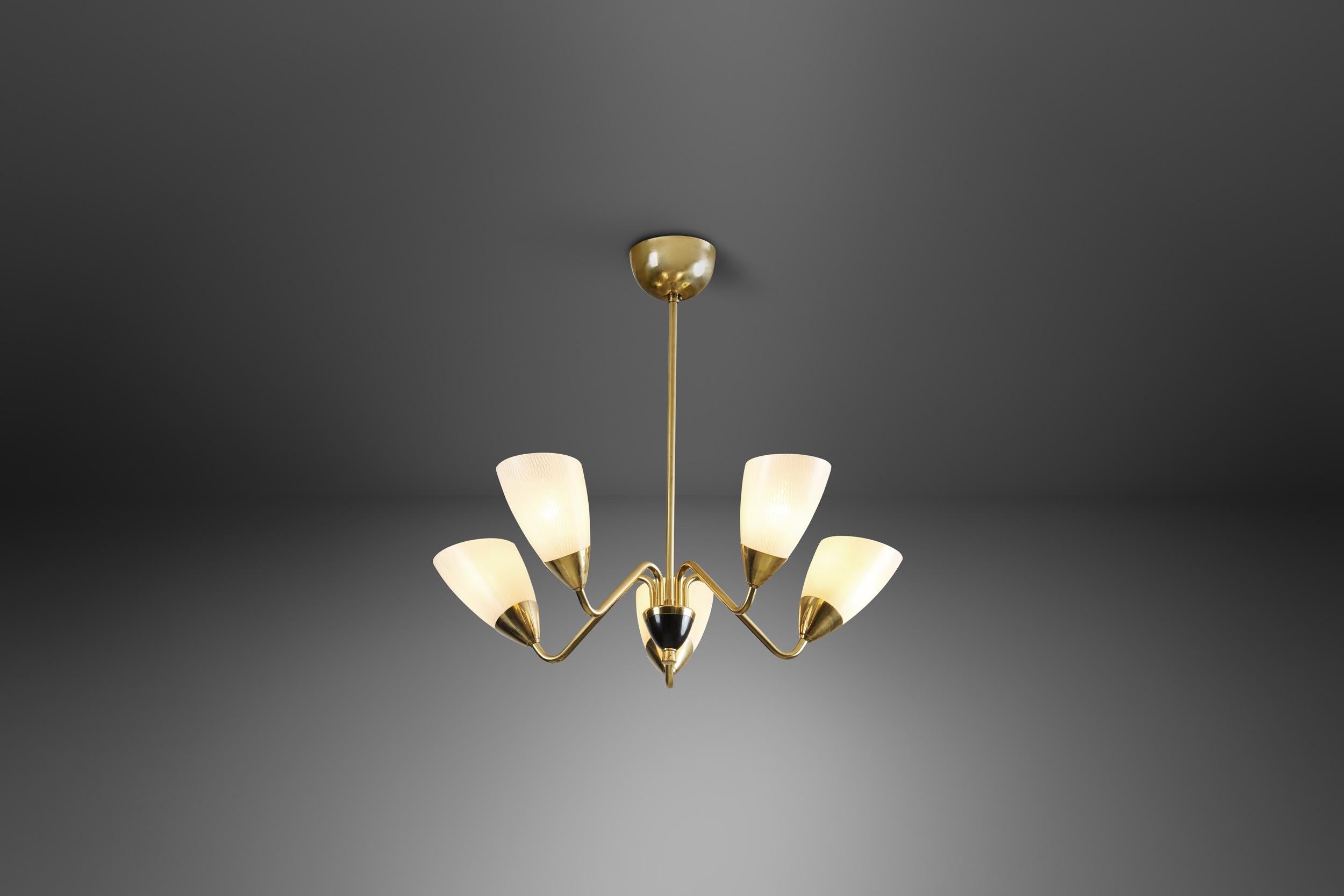 Swedish Five-Arm Brass and Glass Chandelier, Sweden, ca 1950s 1