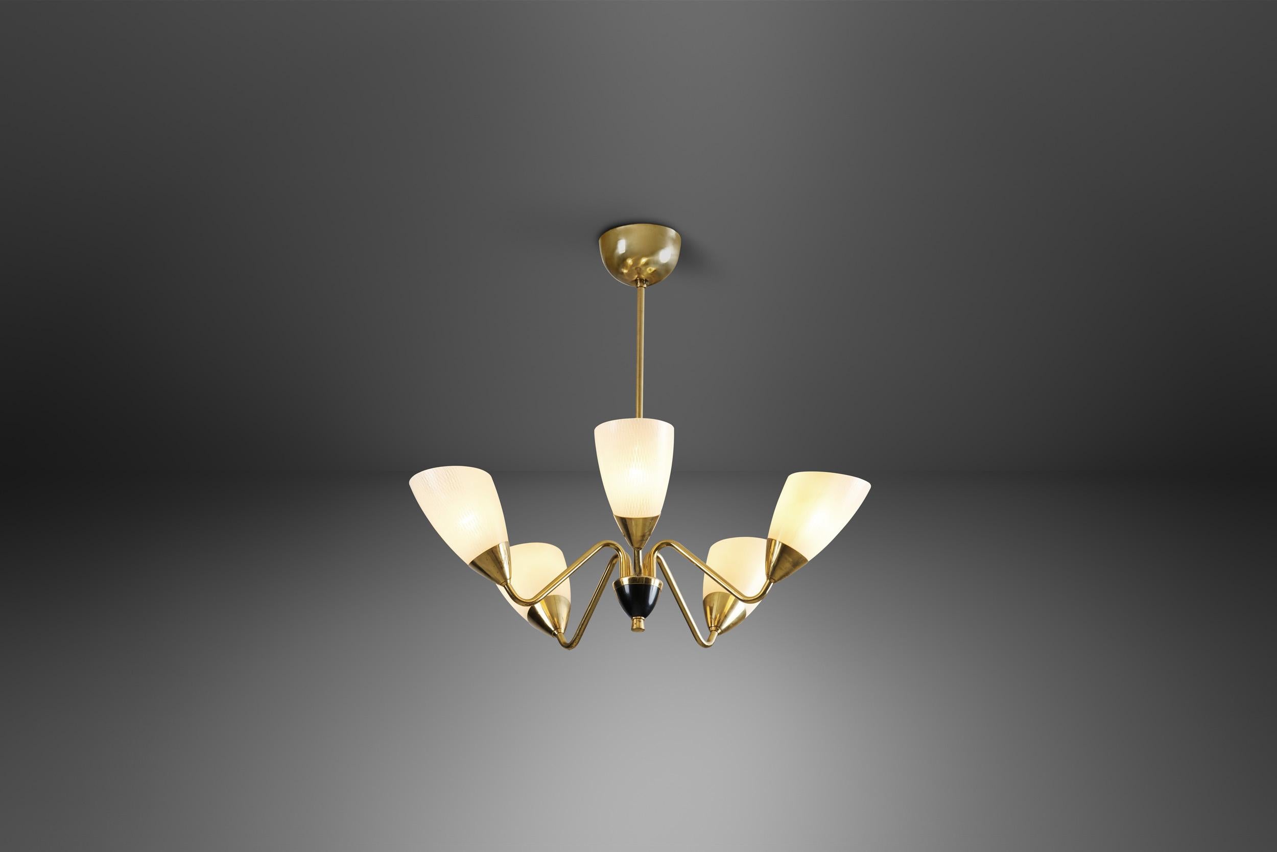 Swedish Five-Arm Brass and Glass Chandelier, Sweden, ca 1950s 3