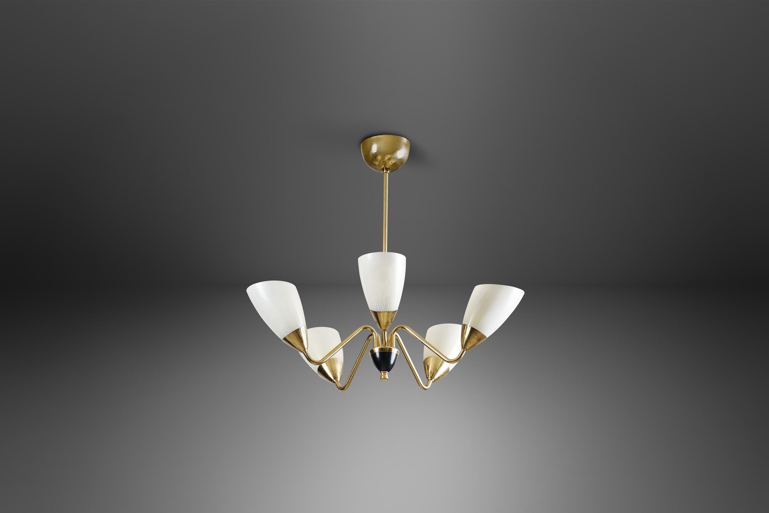 Swedish Five-Arm Brass and Glass Chandelier, Sweden, ca 1950s 4