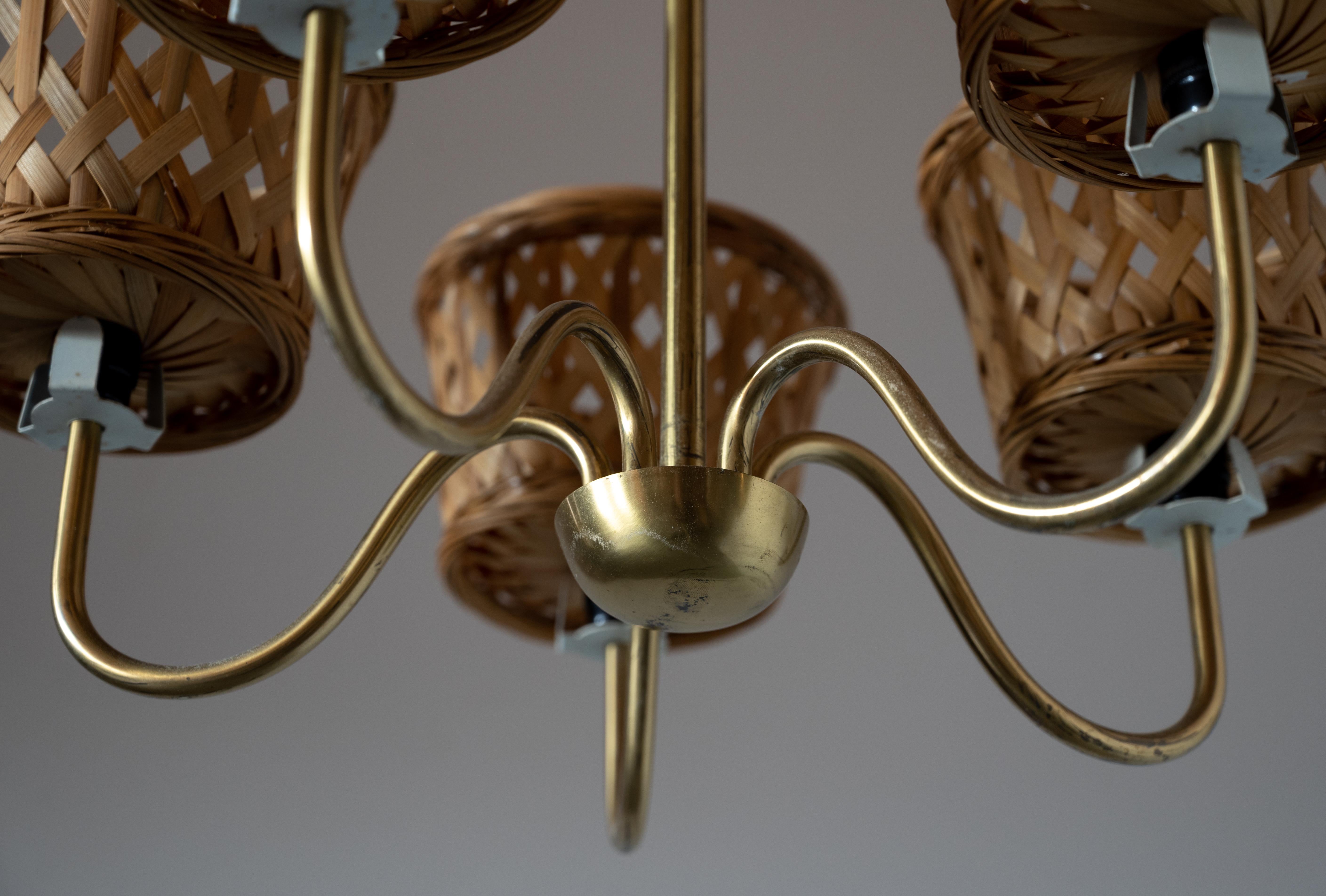 Swedish, Five-Armed Chandelier, Brass, Lacquer Metal, Rattan, Sweden, 1950s For Sale 1