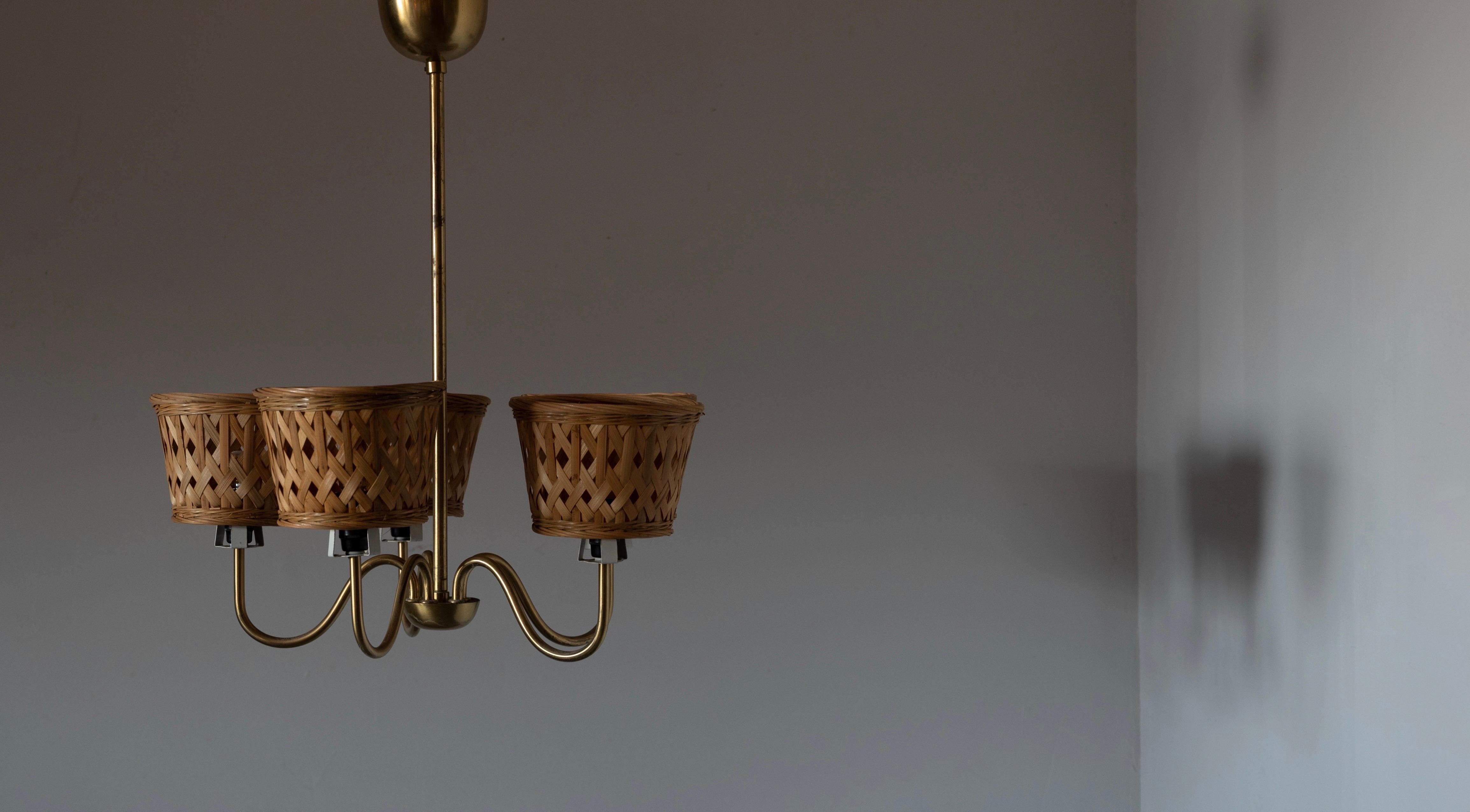 Swedish, Five-Armed Chandelier, Brass, Lacquer Metal, Rattan, Sweden, 1950s For Sale 2