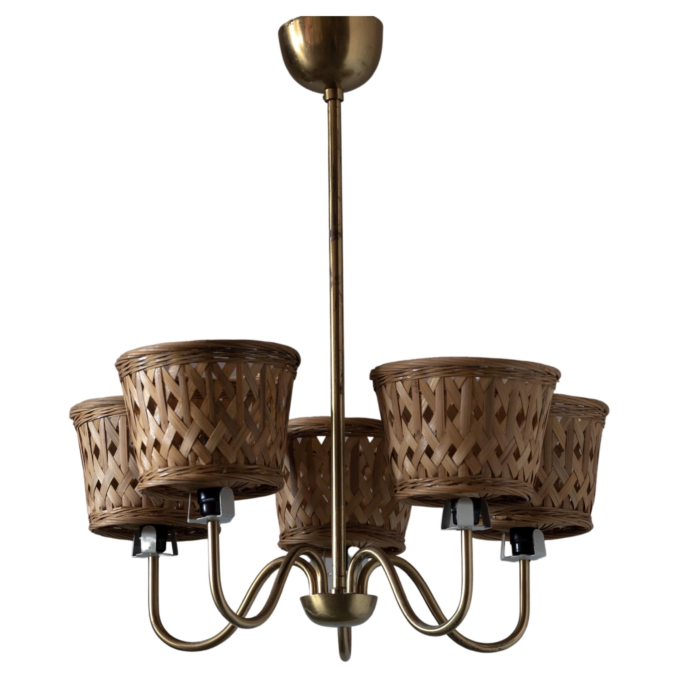 Swedish, Five-Armed Chandelier, Brass, Lacquer Metal, Rattan, Sweden, 1950s For Sale