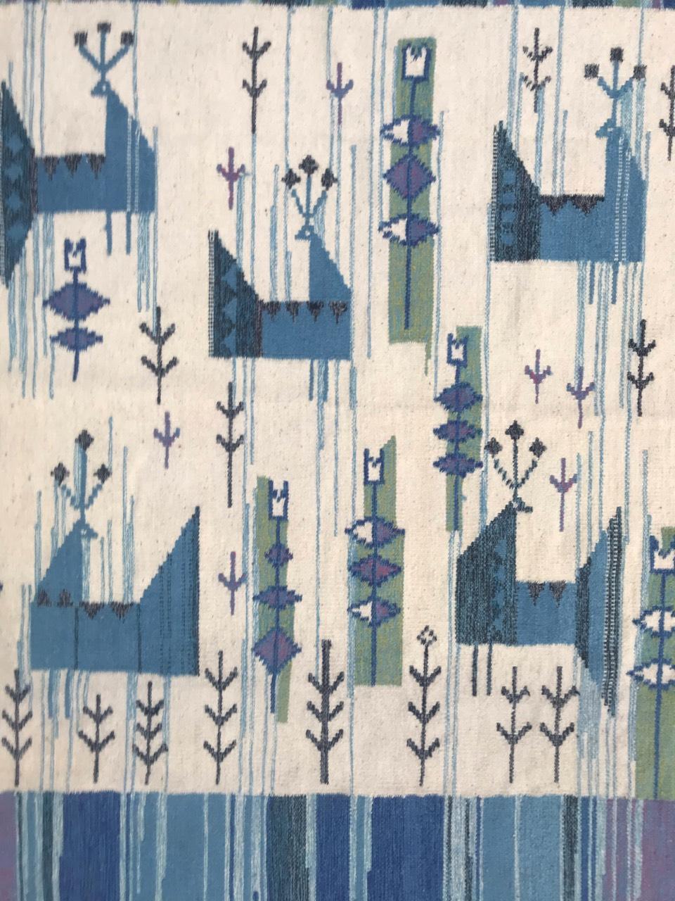 Very beautiful Swedish tapestry with signature, with beautiful design with birds and blue and white colors. Entirely hand woven with wool on cotton.

Take a look at other Bobyrug items! , search by 