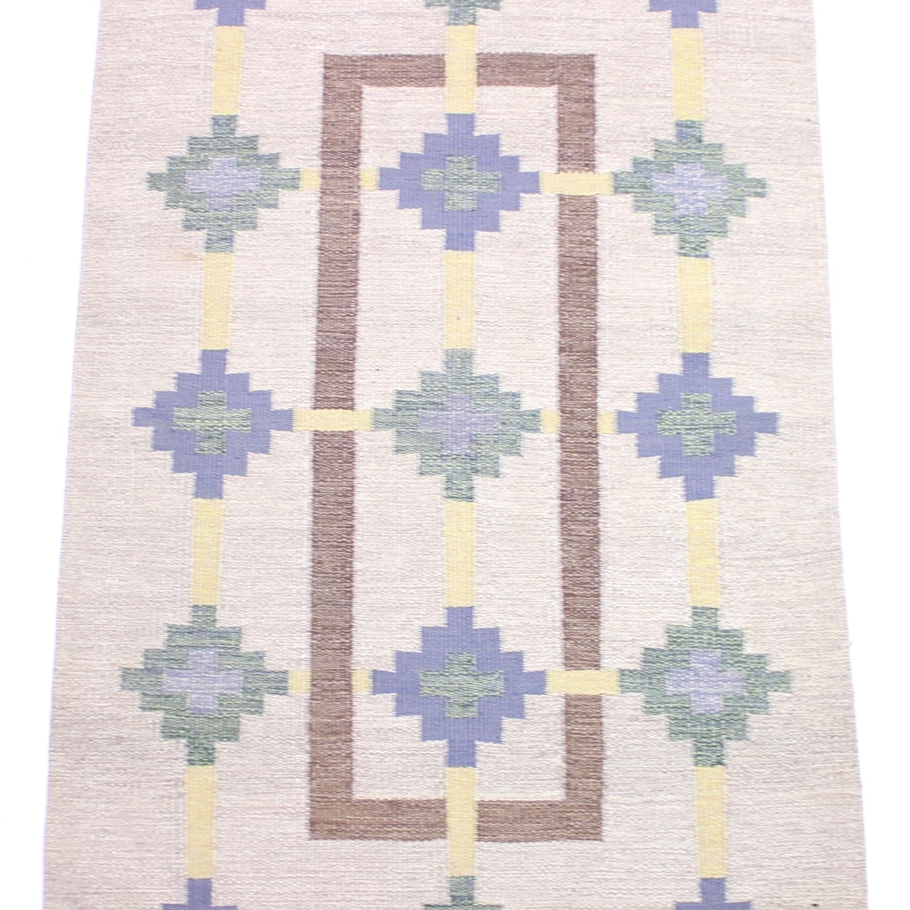 Scandinavian Modern Swedish Flat Weave Röllakan Carpet Signed GK, 1950s